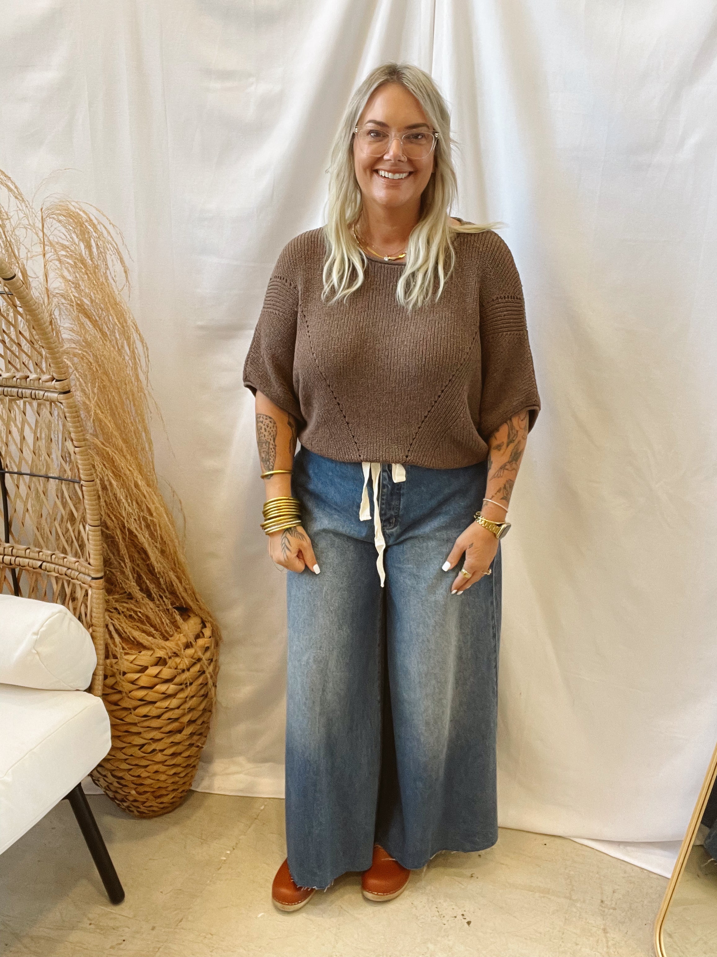 Pointelle Short Sleeve Sweater-Espresso-Sweaters-promesa-The Silo Boutique, Women's Fashion Boutique Located in Warren and Grand Forks North Dakota