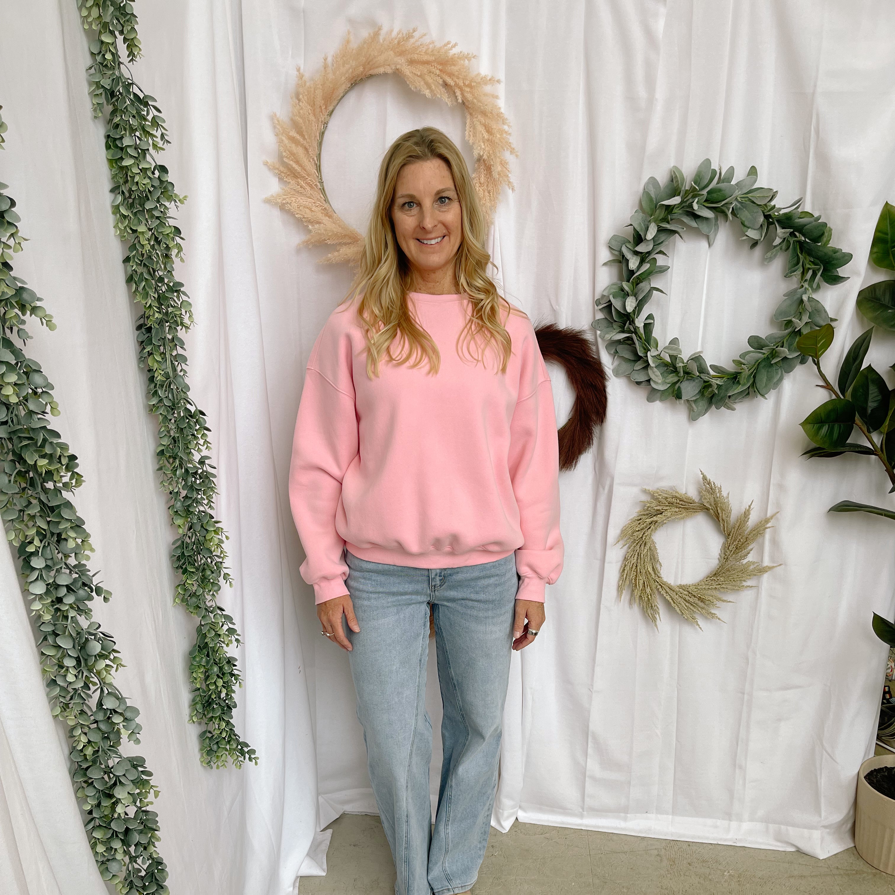 Varsity Crew Sweatshirt-Pink-Sweatshirts-tictoc-The Silo Boutique, Women's Fashion Boutique Located in Warren and Grand Forks North Dakota