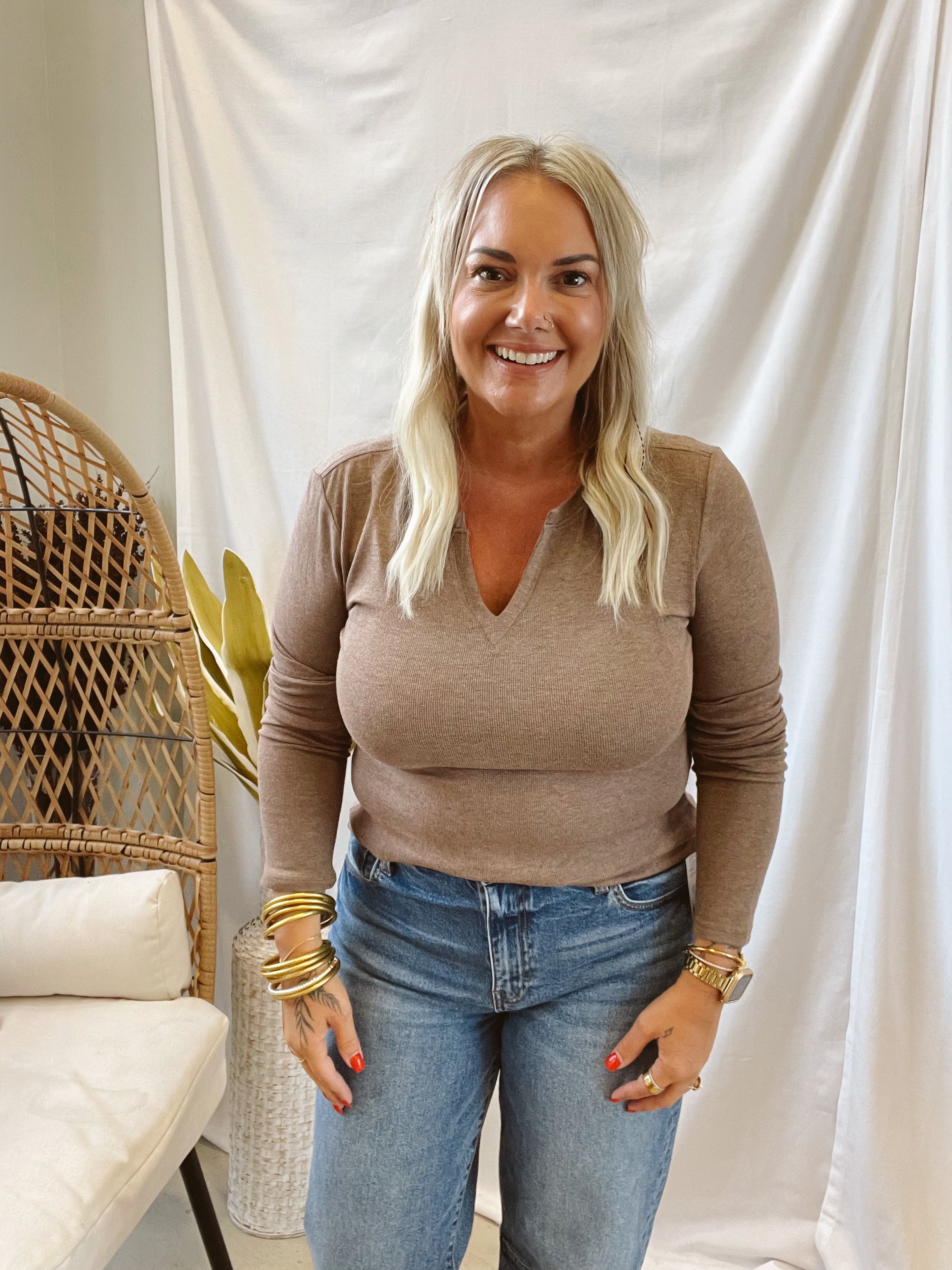 Be Cool Notched V Neck Long Sleeve Top-Long Sleeve Tops-be cool-The Silo Boutique, Women's Fashion Boutique Located in Warren and Grand Forks North Dakota