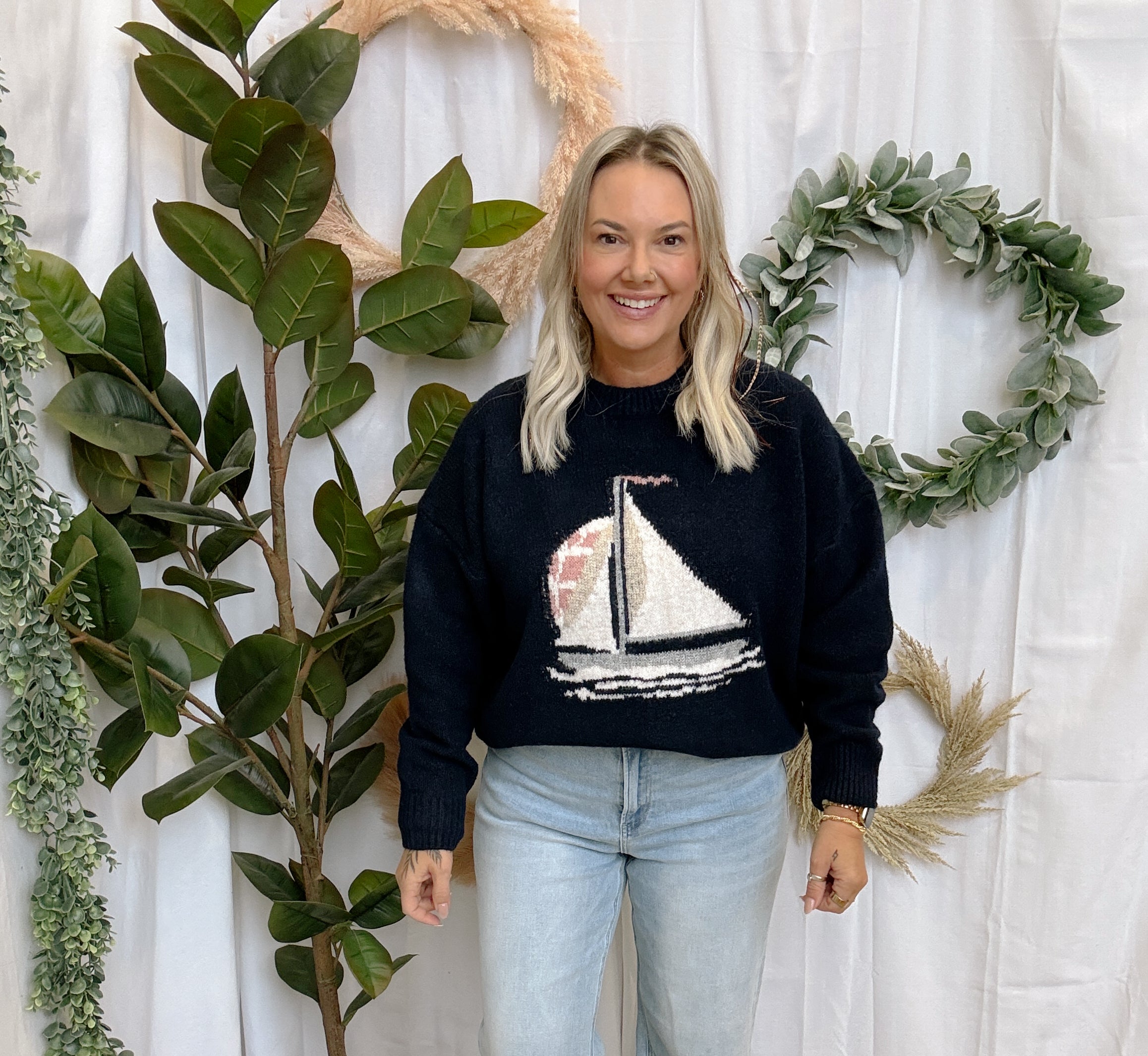 Navy Sailboat Knit Sweater-Sweaters-wishlist-The Silo Boutique, Women's Fashion Boutique Located in Warren and Grand Forks North Dakota