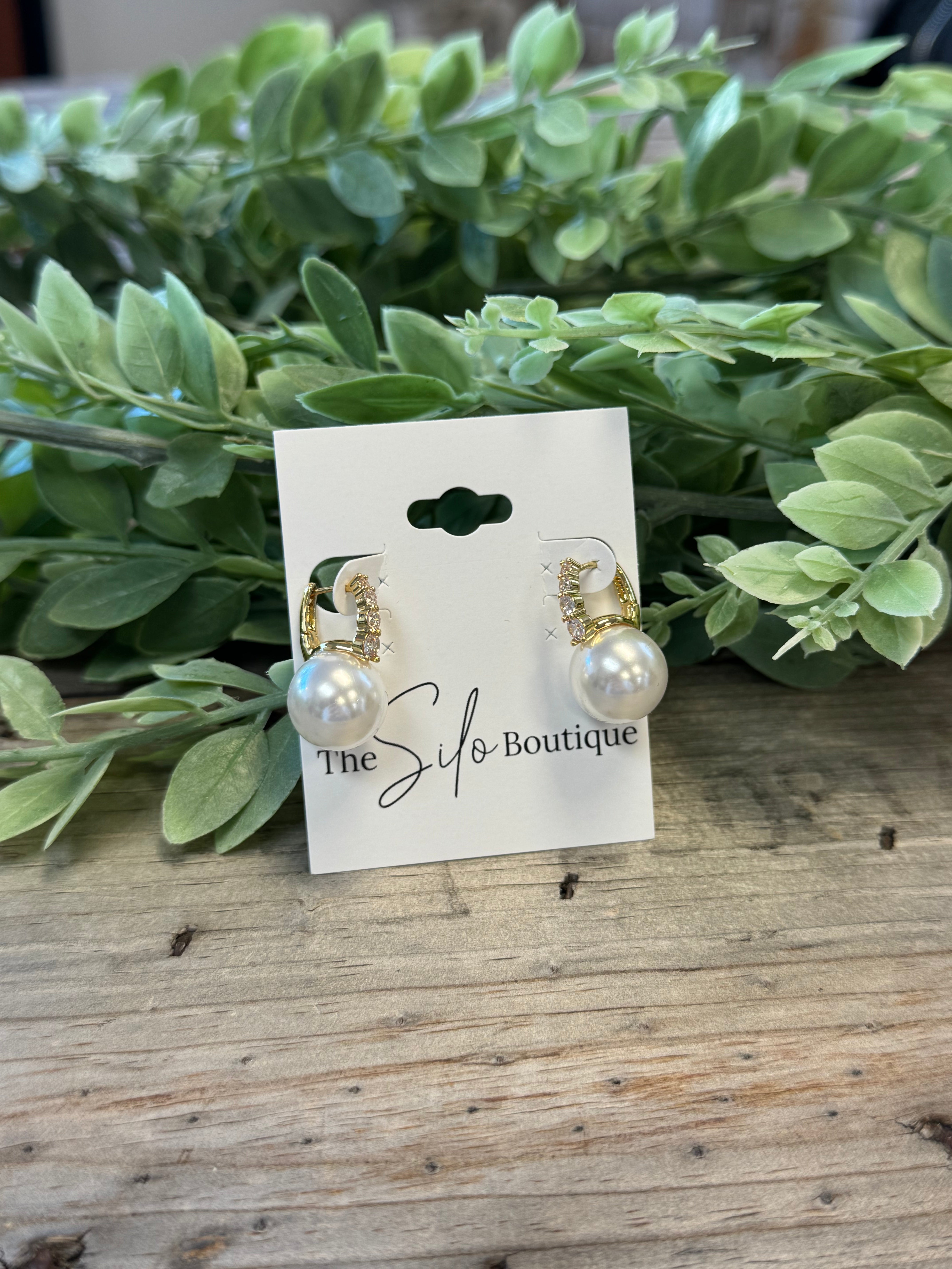 Rhinestone Oval Pearl Hoop Earrings-Earrings-Avenue T-The Silo Boutique, Women's Fashion Boutique Located in Warren and Grand Forks North Dakota