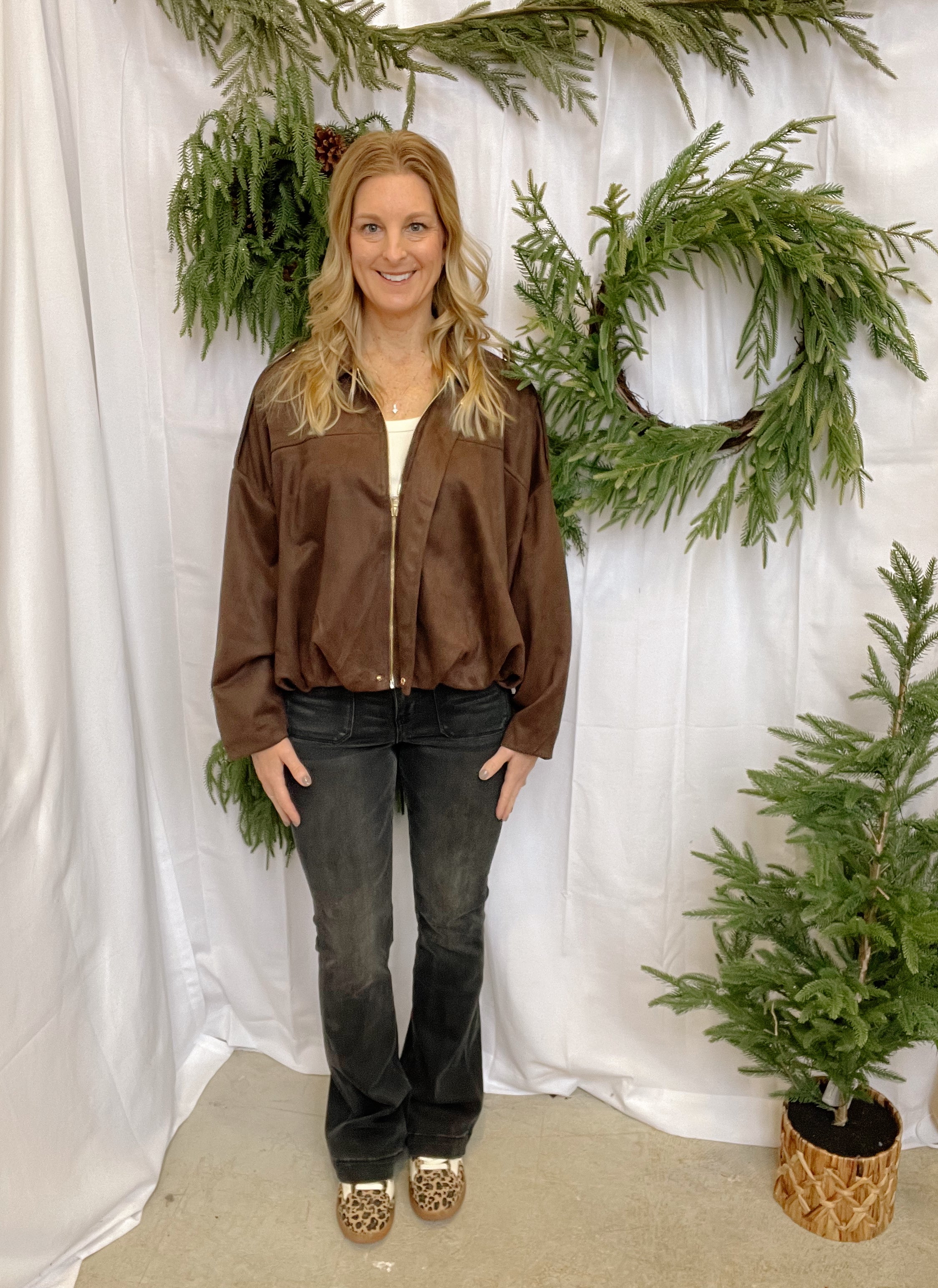 Brown Suede Bomber Jacket-Coats & Jackets-faire-The Silo Boutique, Women's Fashion Boutique Located in Warren and Grand Forks North Dakota