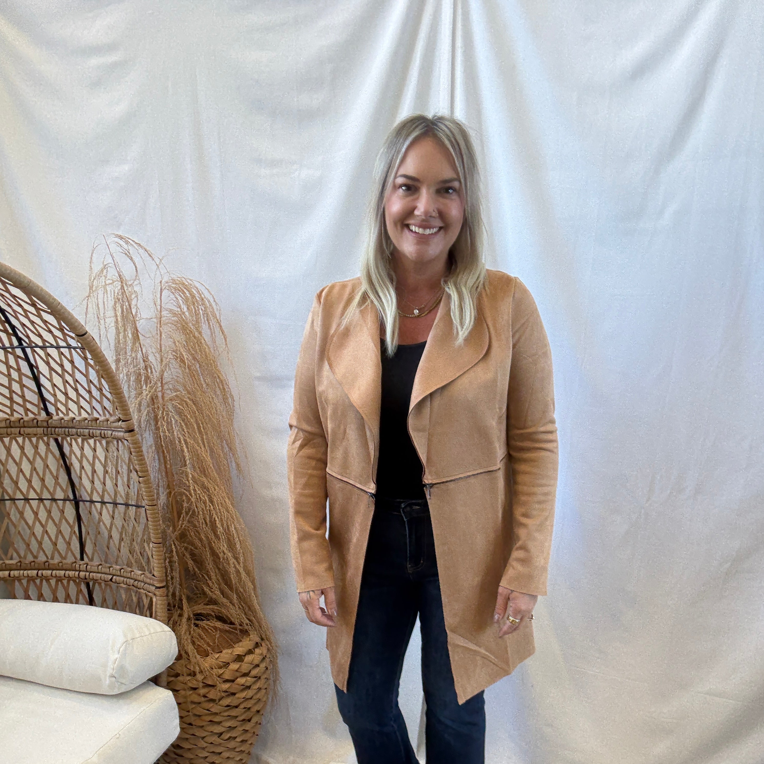 Long Sleeve Suede Jacket-Camel-Coats & Jackets-active basics-The Silo Boutique, Women's Fashion Boutique Located in Warren and Grand Forks North Dakota