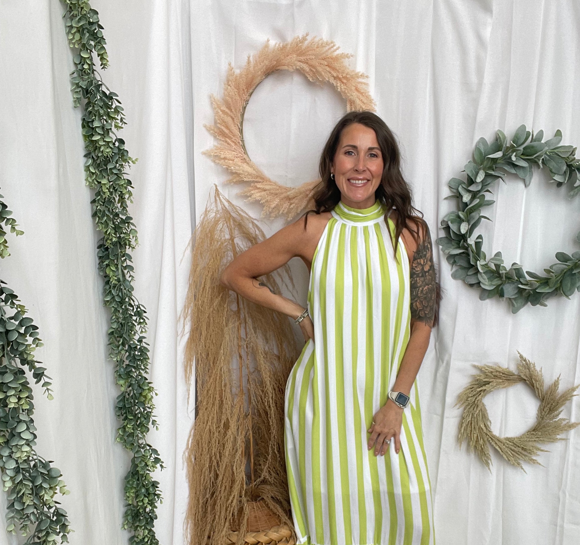 Lime Stripe Halter Dress-Dresses-entro-The Silo Boutique, Women's Fashion Boutique Located in Warren and Grand Forks North Dakota