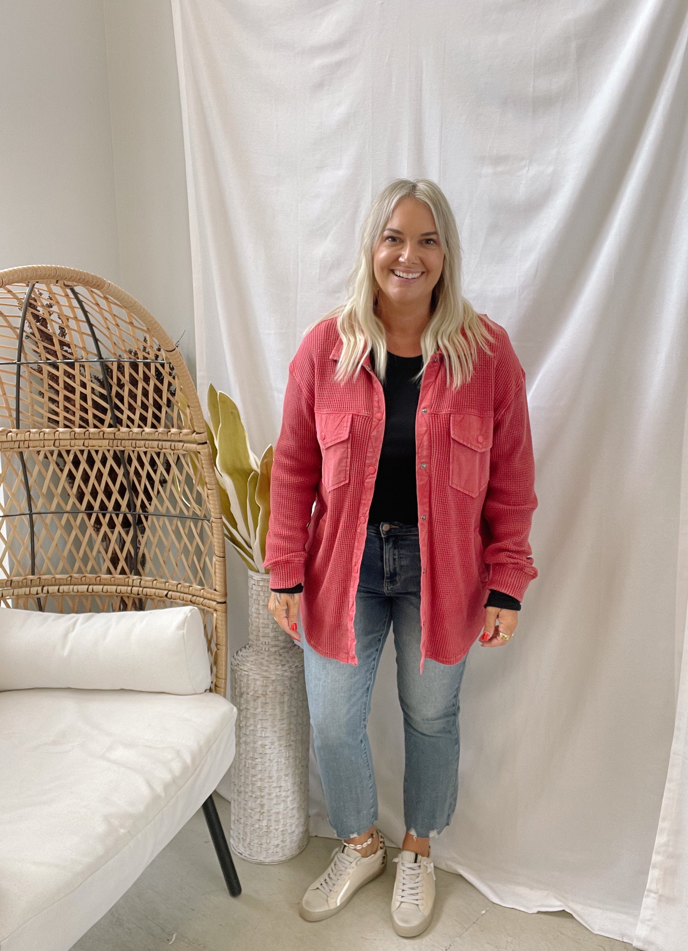 Waffle Knit Button Down Top-Red-Coats & Jackets-mono b-The Silo Boutique, Women's Fashion Boutique Located in Warren and Grand Forks North Dakota