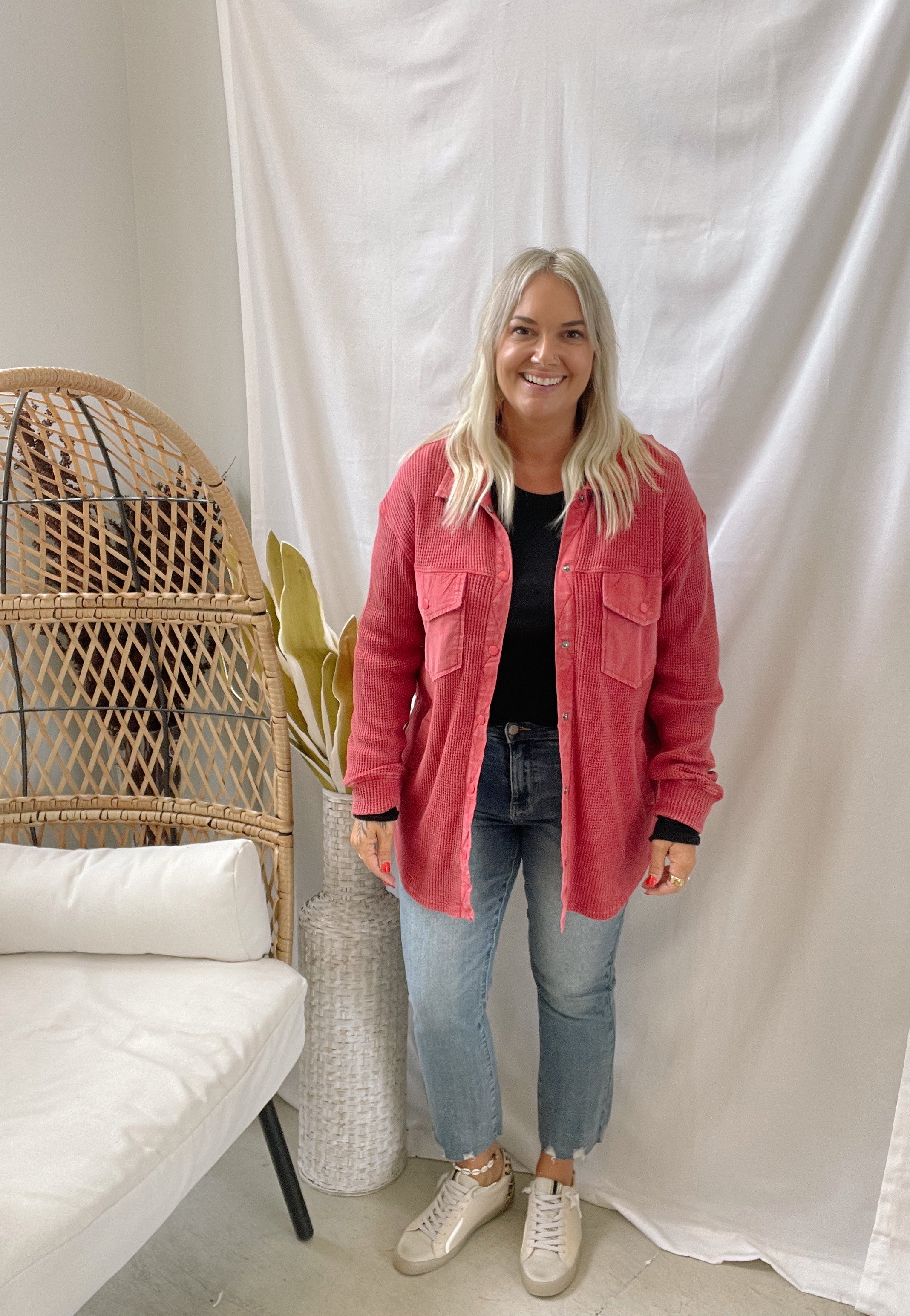 Waffle Knit Button Down Top-Red-Coats & Jackets-mono b-The Silo Boutique, Women's Fashion Boutique Located in Warren and Grand Forks North Dakota