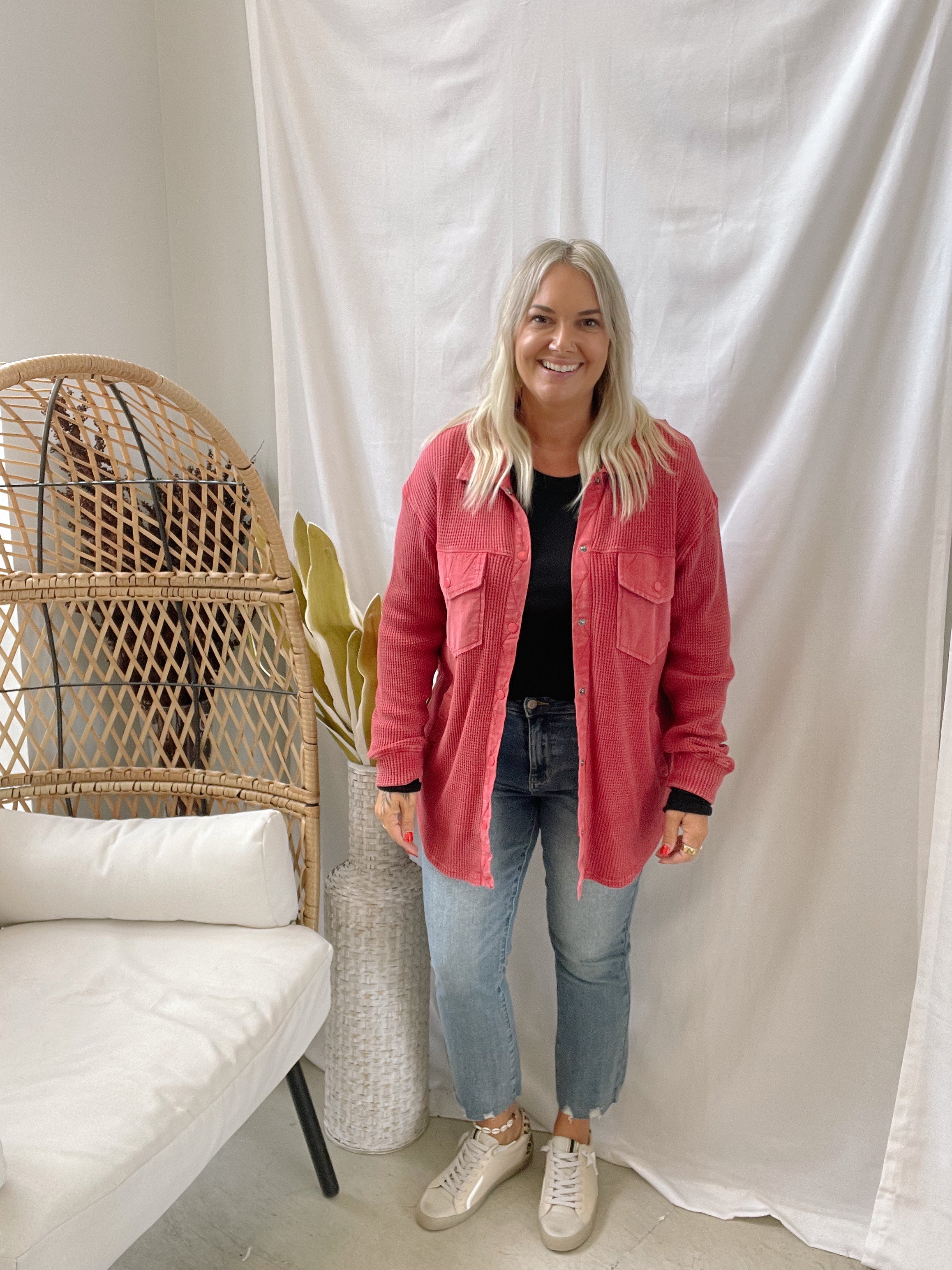 Waffle Knit Button Down Top-Red-Coats & Jackets-mono b-The Silo Boutique, Women's Fashion Boutique Located in Warren and Grand Forks North Dakota