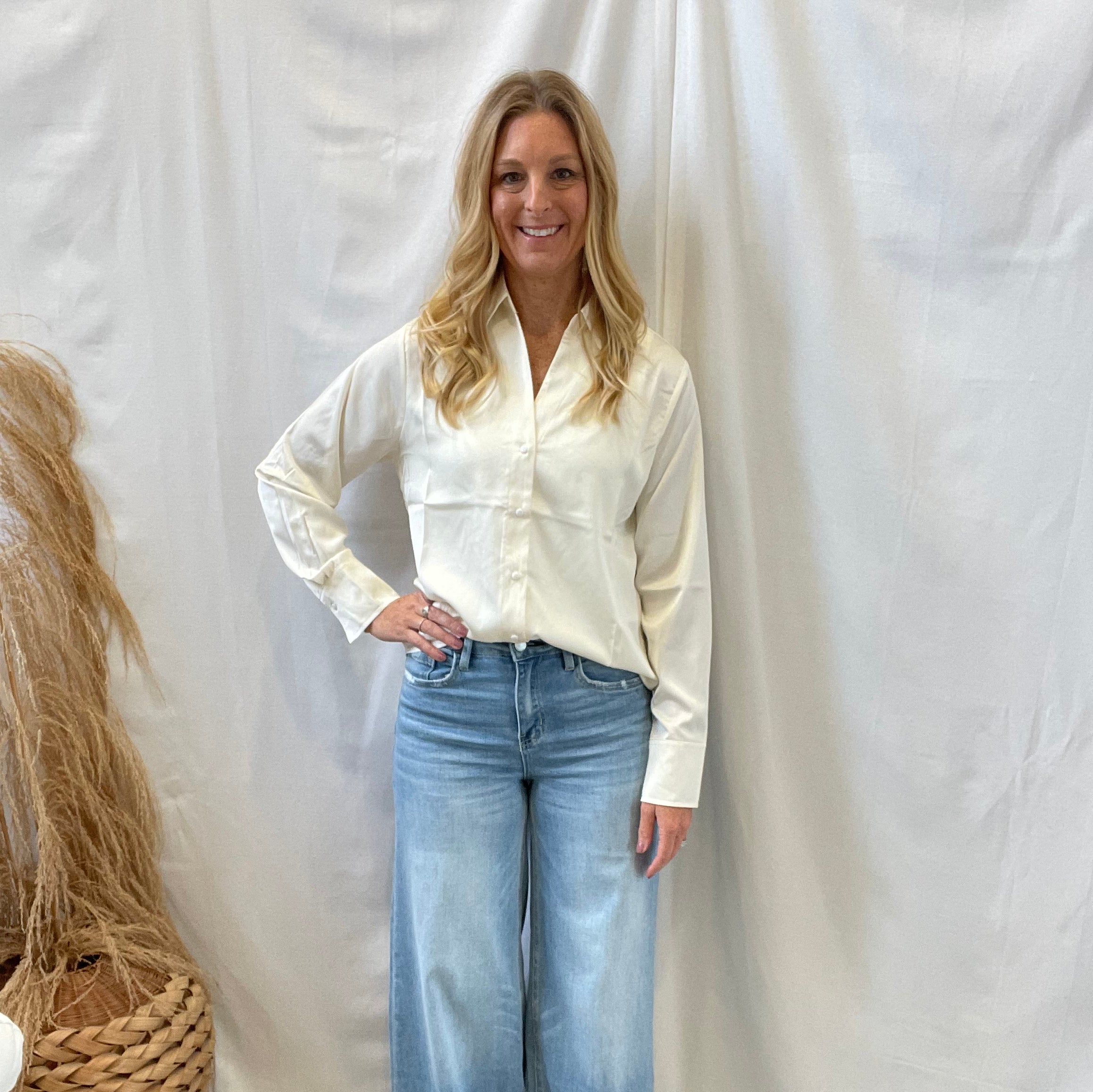 Whip Cream Silk Button Up Top-Long Sleeve Tops-hyfve-The Silo Boutique, Women's Fashion Boutique Located in Warren and Grand Forks North Dakota