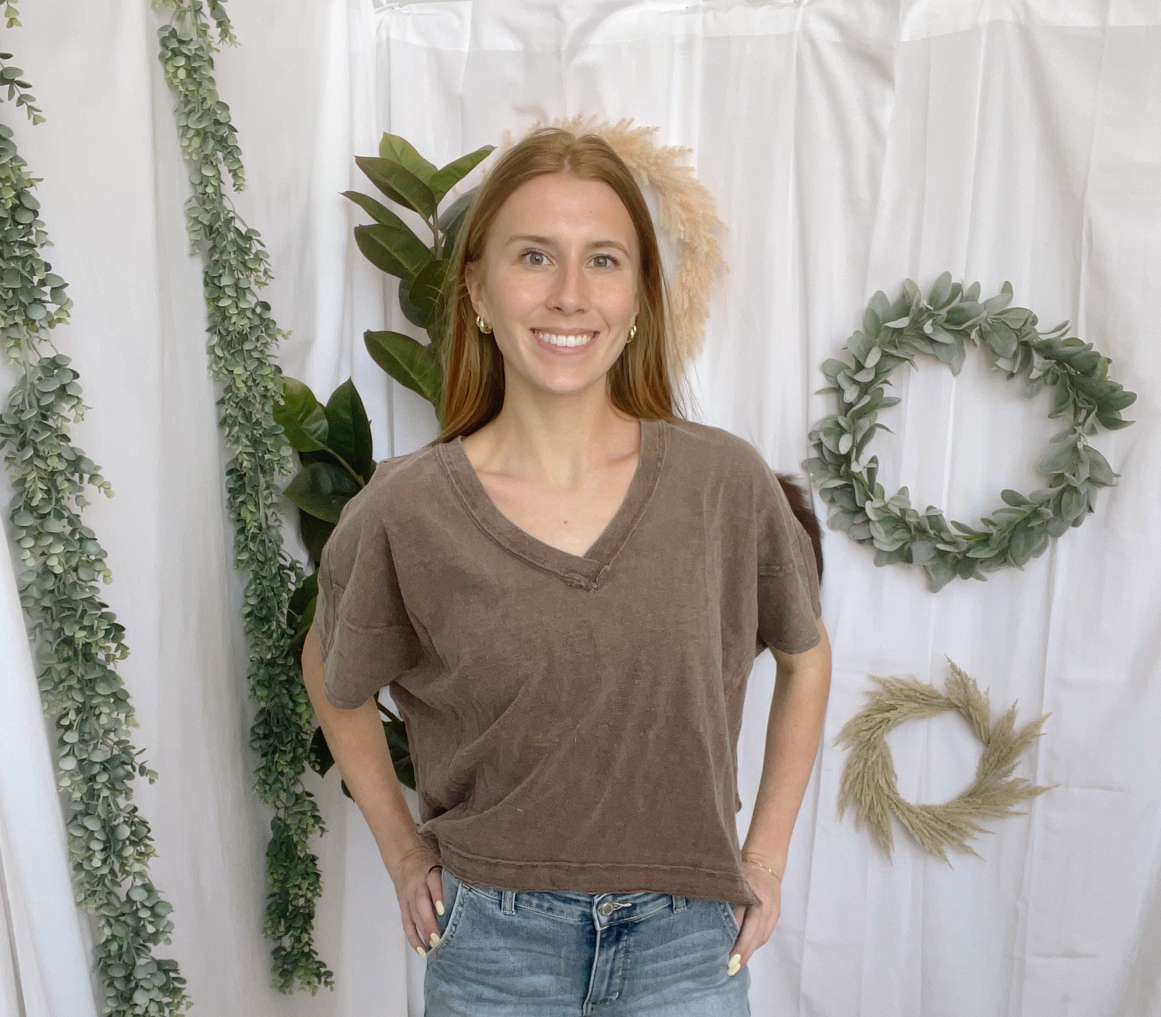 Take Five V Neck Tee-Brown-Short Sleeve Tops-hyfve-The Silo Boutique, Women's Fashion Boutique Located in Warren and Grand Forks North Dakota