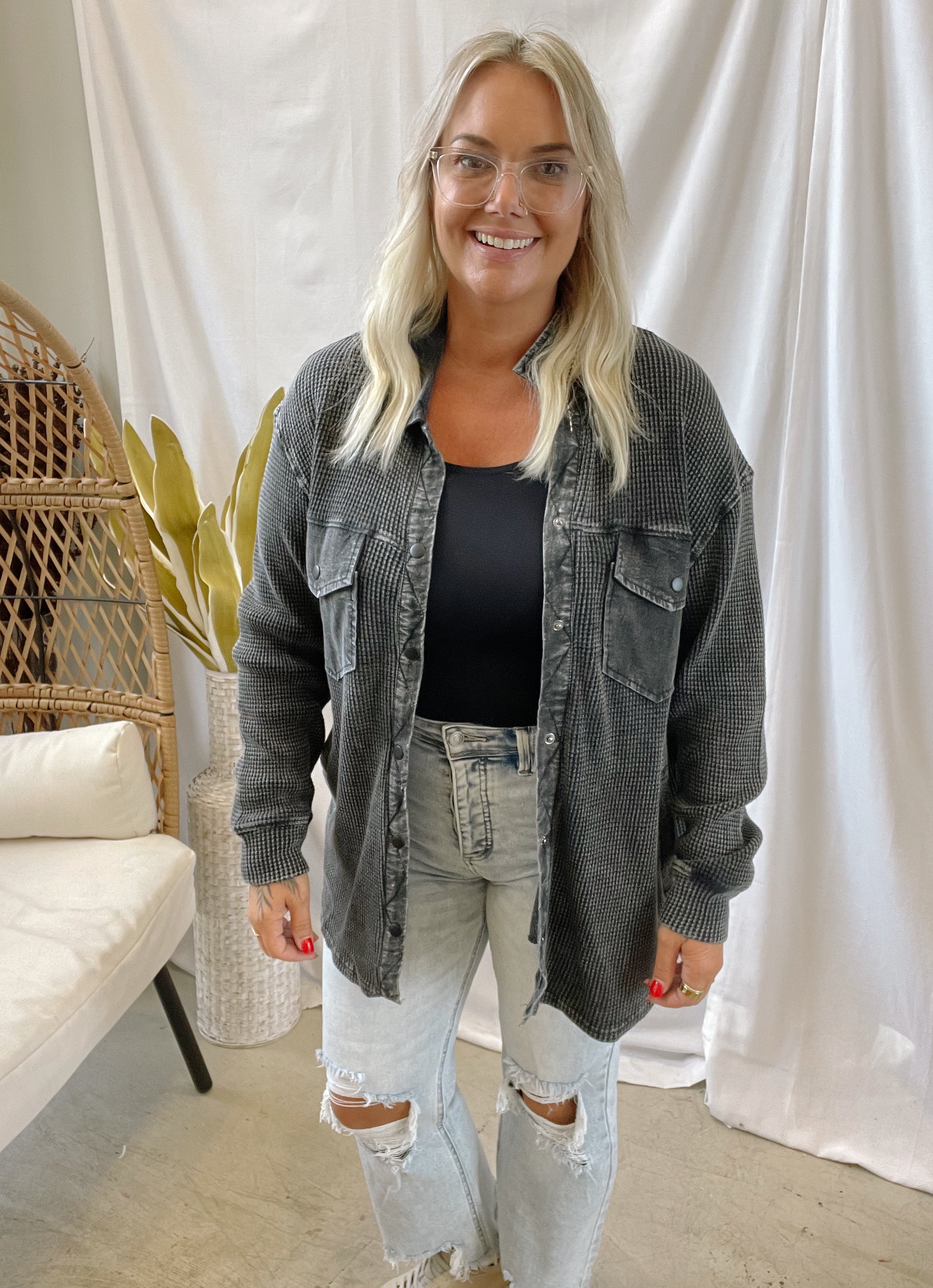 Waffle Knit Button Down Top-Black-Coats & Jackets-mono b-The Silo Boutique, Women's Fashion Boutique Located in Warren and Grand Forks North Dakota