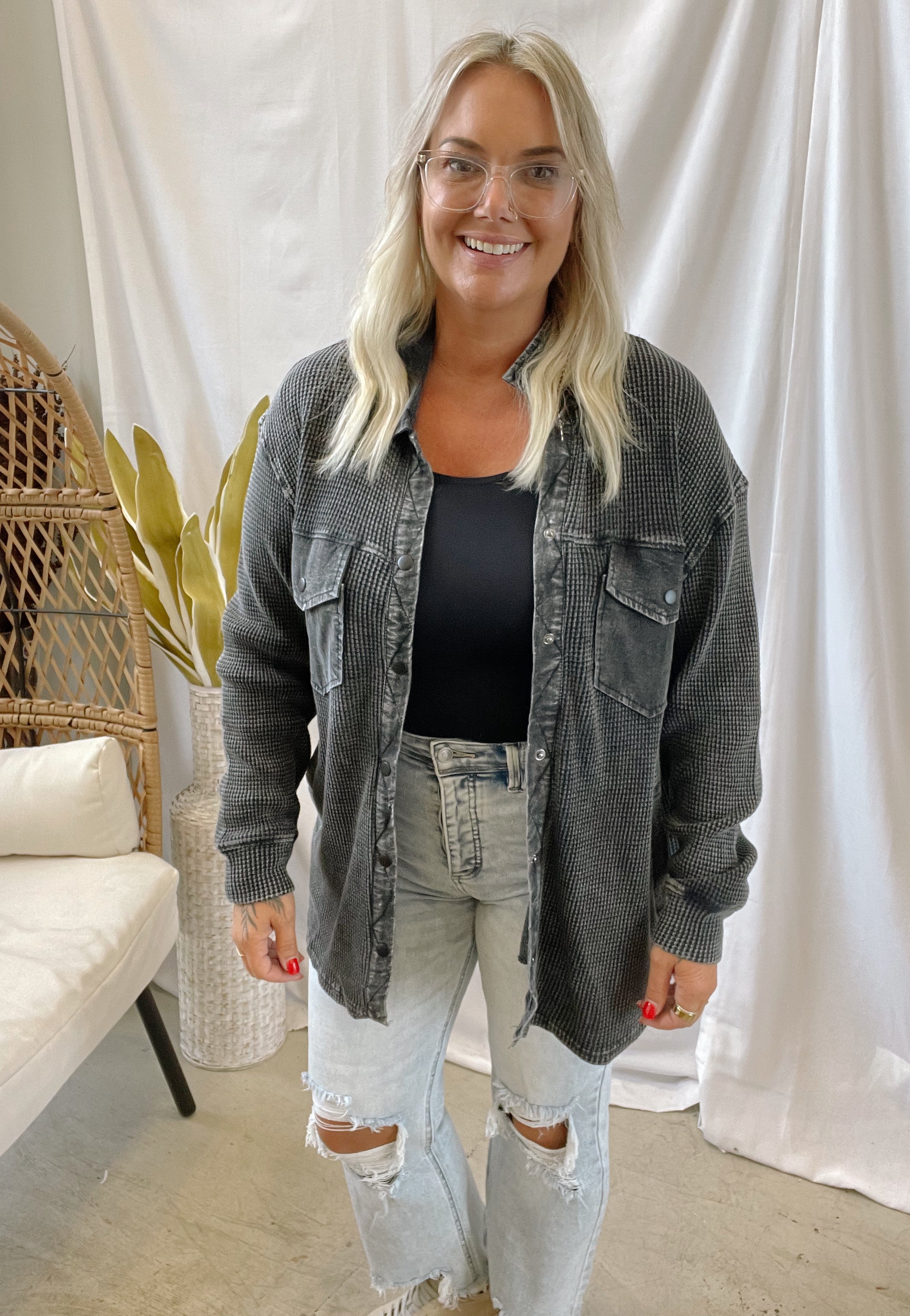 Waffle Knit Button Down Top-Black-Coats & Jackets-mono b-The Silo Boutique, Women's Fashion Boutique Located in Warren and Grand Forks North Dakota