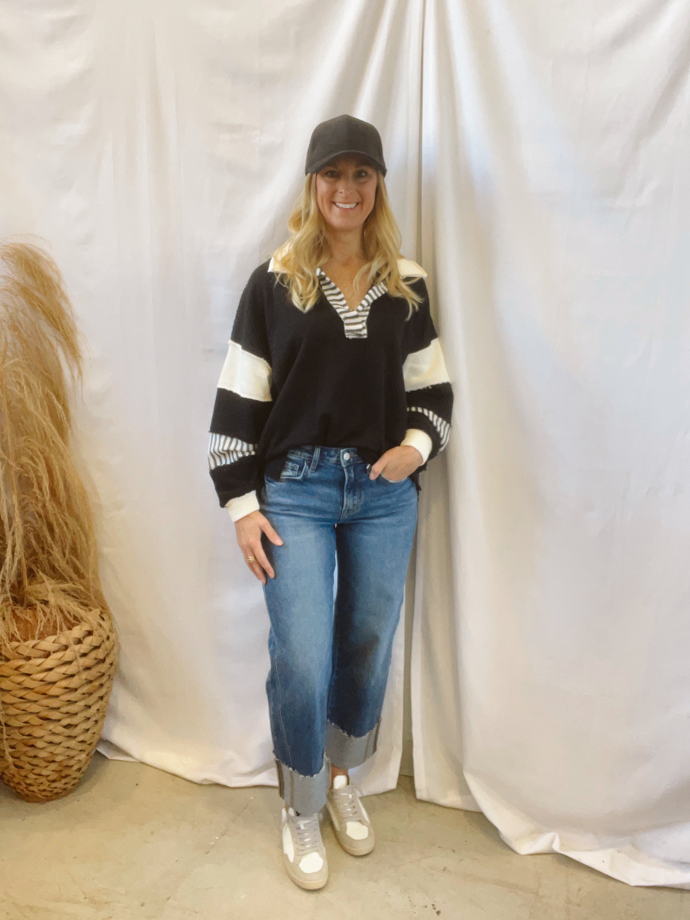 Black and Ivory Collared Oversized Sweatshirt-Long Sleeve Tops-bucketlist-The Silo Boutique, Women's Fashion Boutique Located in Warren and Grand Forks North Dakota