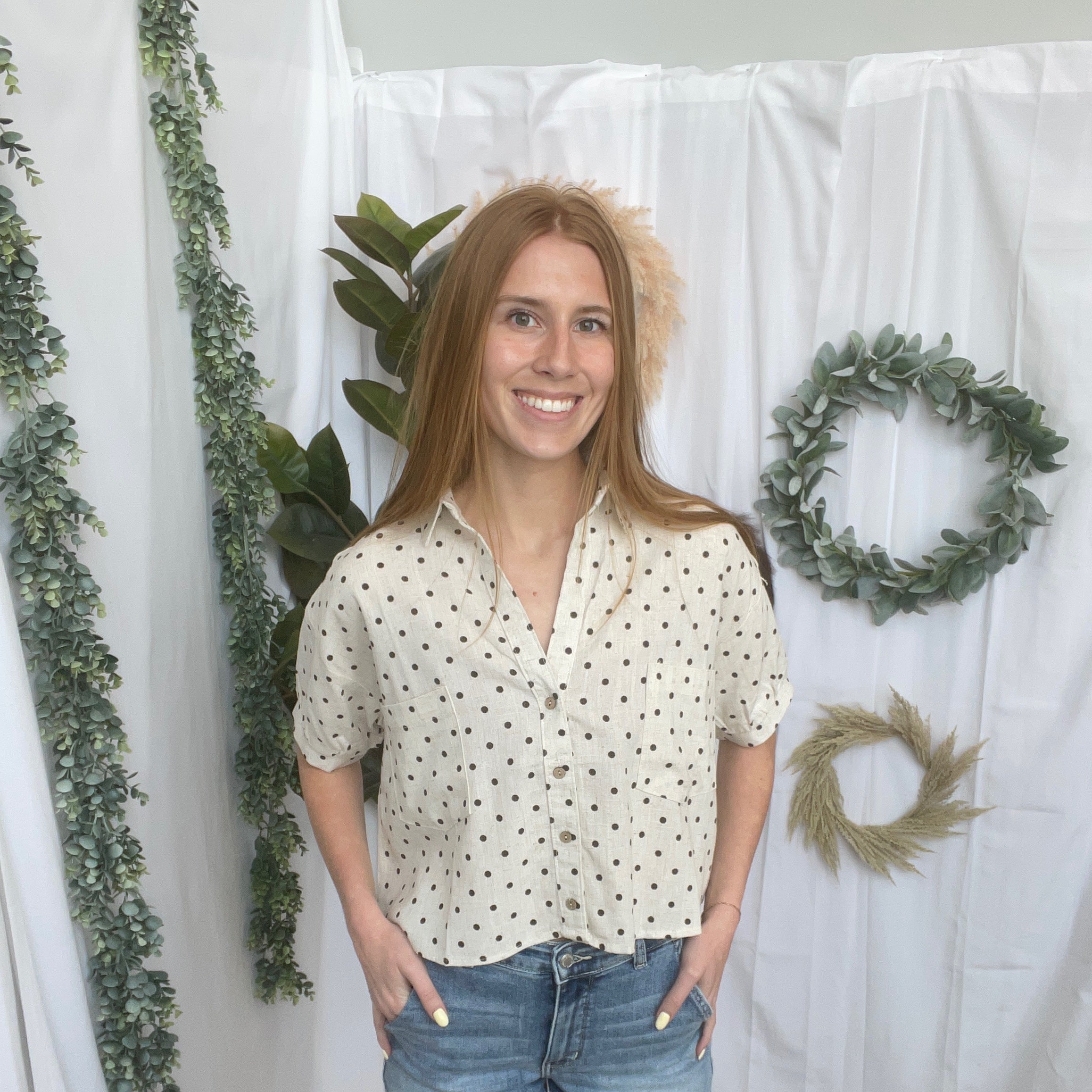 Oatmeal Polka Dot Shirt-Short Sleeve Tops-hyfve-The Silo Boutique, Women's Fashion Boutique Located in Warren and Grand Forks North Dakota