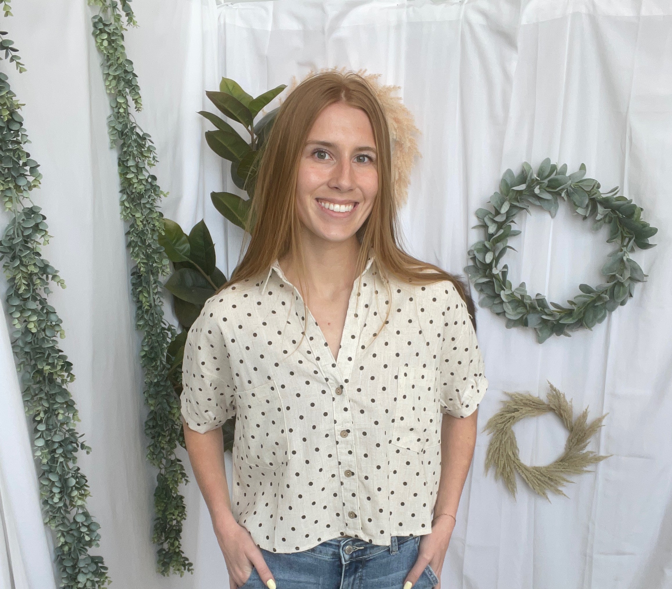 Oatmeal Polka Dot Shirt-Short Sleeve Tops-hyfve-The Silo Boutique, Women's Fashion Boutique Located in Warren and Grand Forks North Dakota