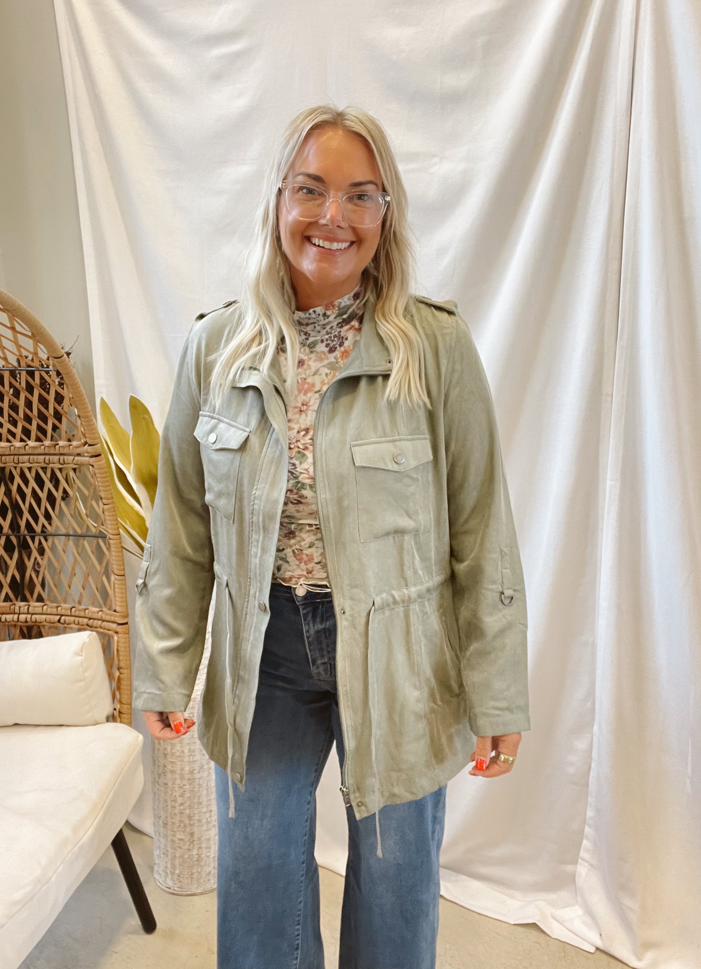 Utility Cinched Waist Jacket-Sage-Coats & Jackets-be cool-The Silo Boutique, Women's Fashion Boutique Located in Warren and Grand Forks North Dakota