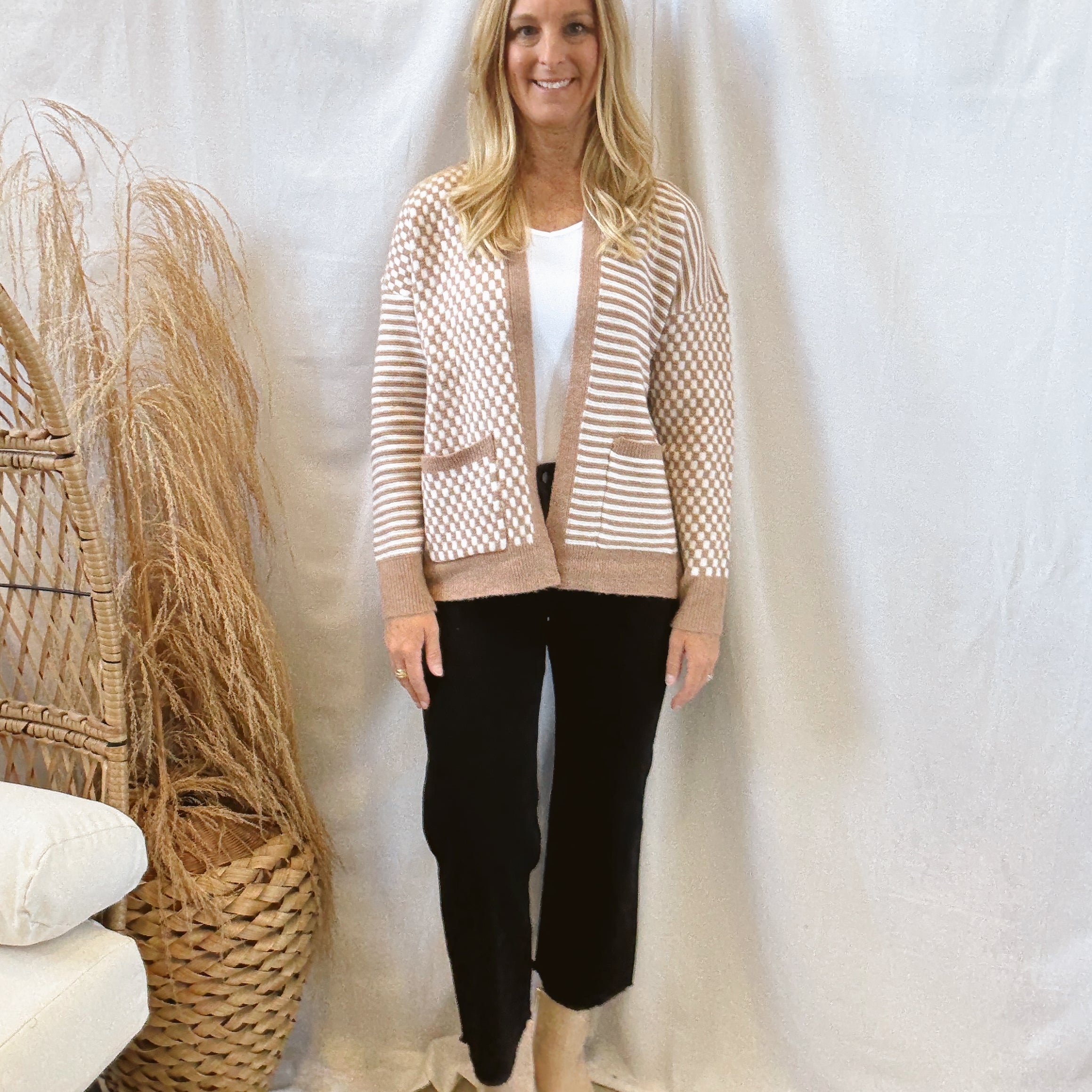 Taupe Checkered Cardigan-Sweatshirts-stacatto-The Silo Boutique, Women's Fashion Boutique Located in Warren and Grand Forks North Dakota