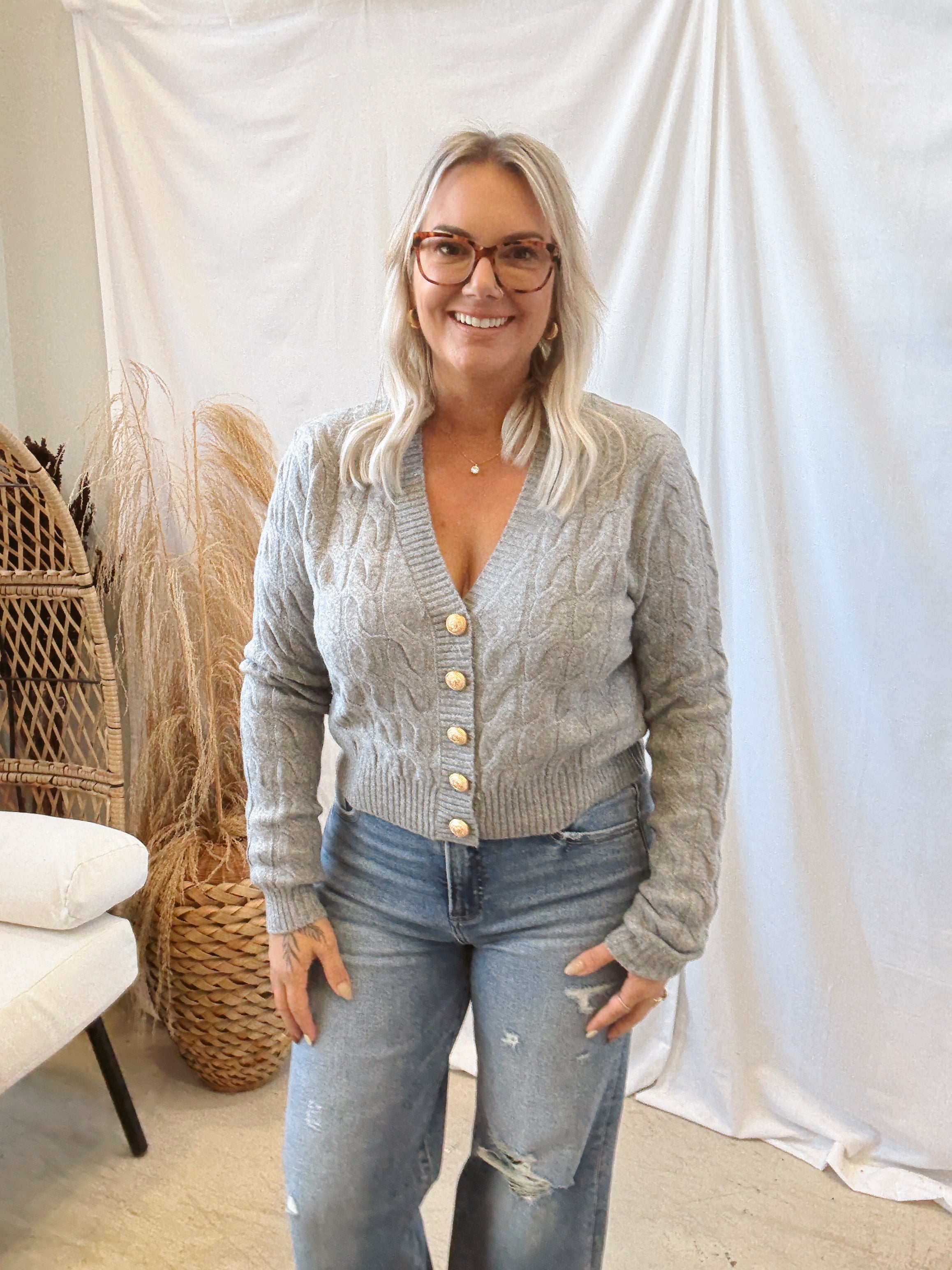 Grey Cable Knit Gold Button Cardigan-Cardigans-hyfve-The Silo Boutique, Women's Fashion Boutique Located in Warren and Grand Forks North Dakota