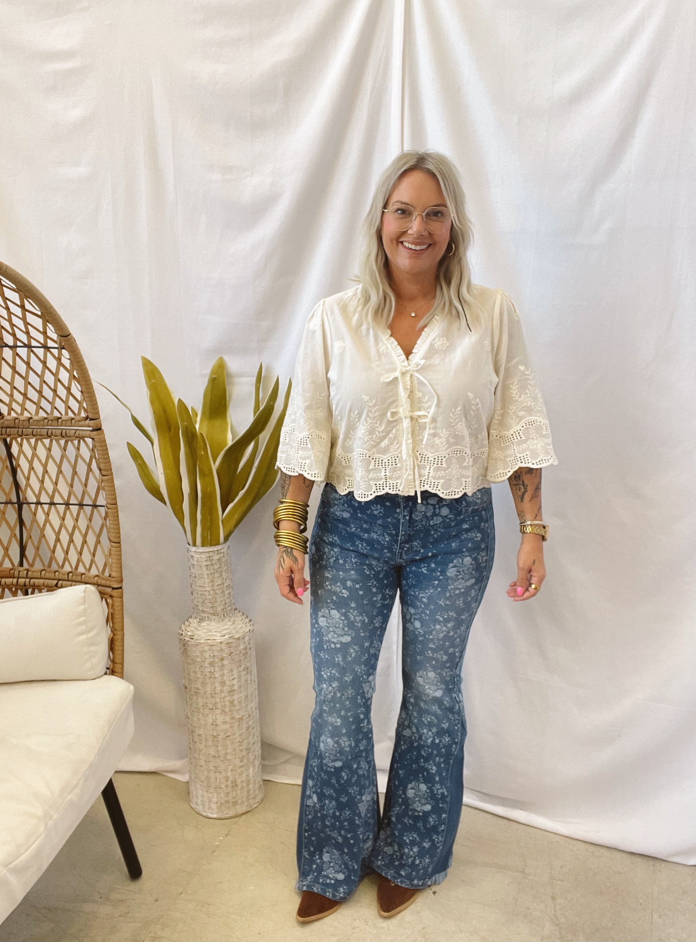 Ivory Embroidered Tie Front Top-Cardigans-anniewear-The Silo Boutique, Women's Fashion Boutique Located in Warren and Grand Forks North Dakota