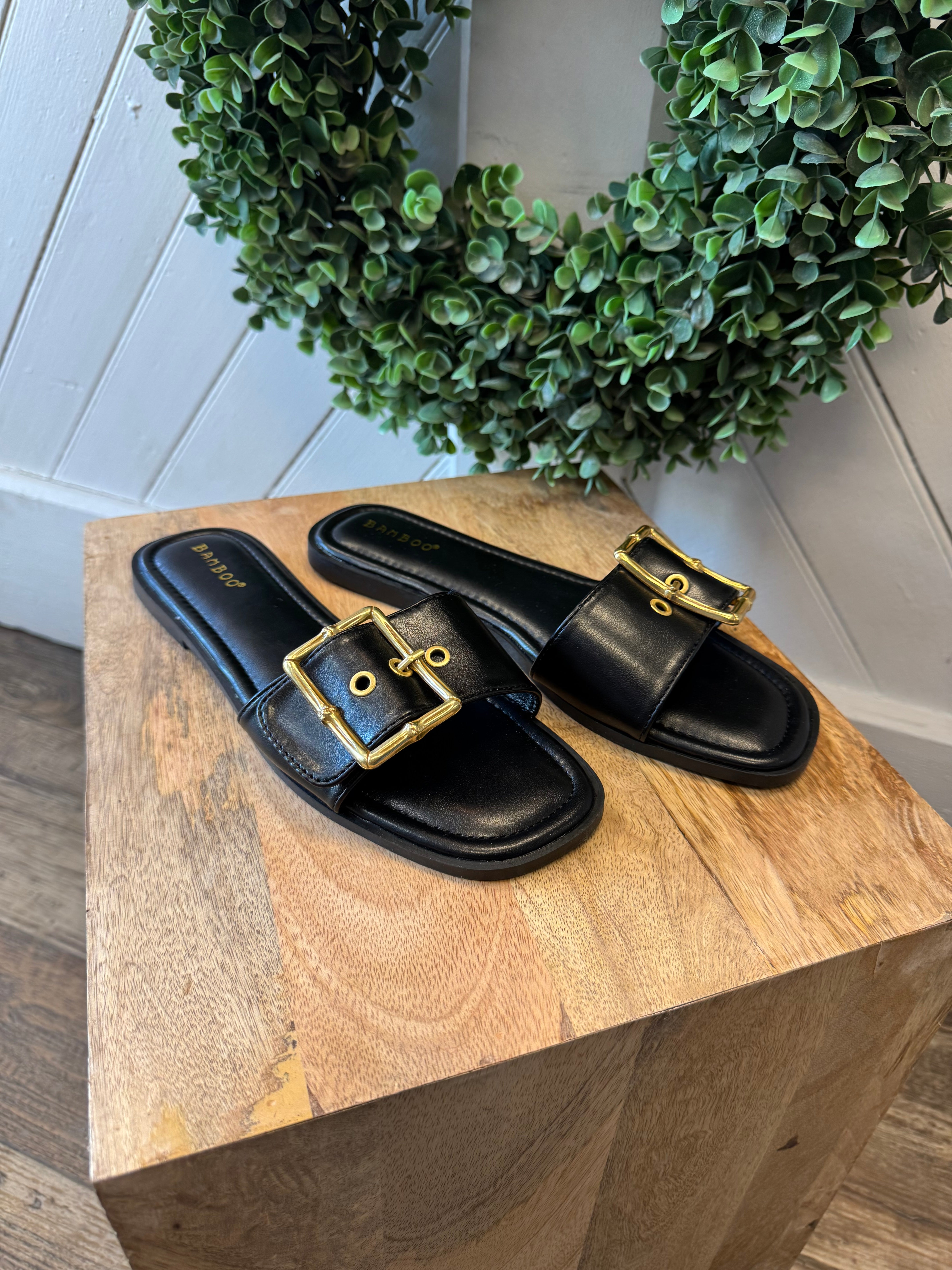 Tip Black Buckle Slide Sandal-Sandals-bamboo-The Silo Boutique, Women's Fashion Boutique Located in Warren and Grand Forks North Dakota