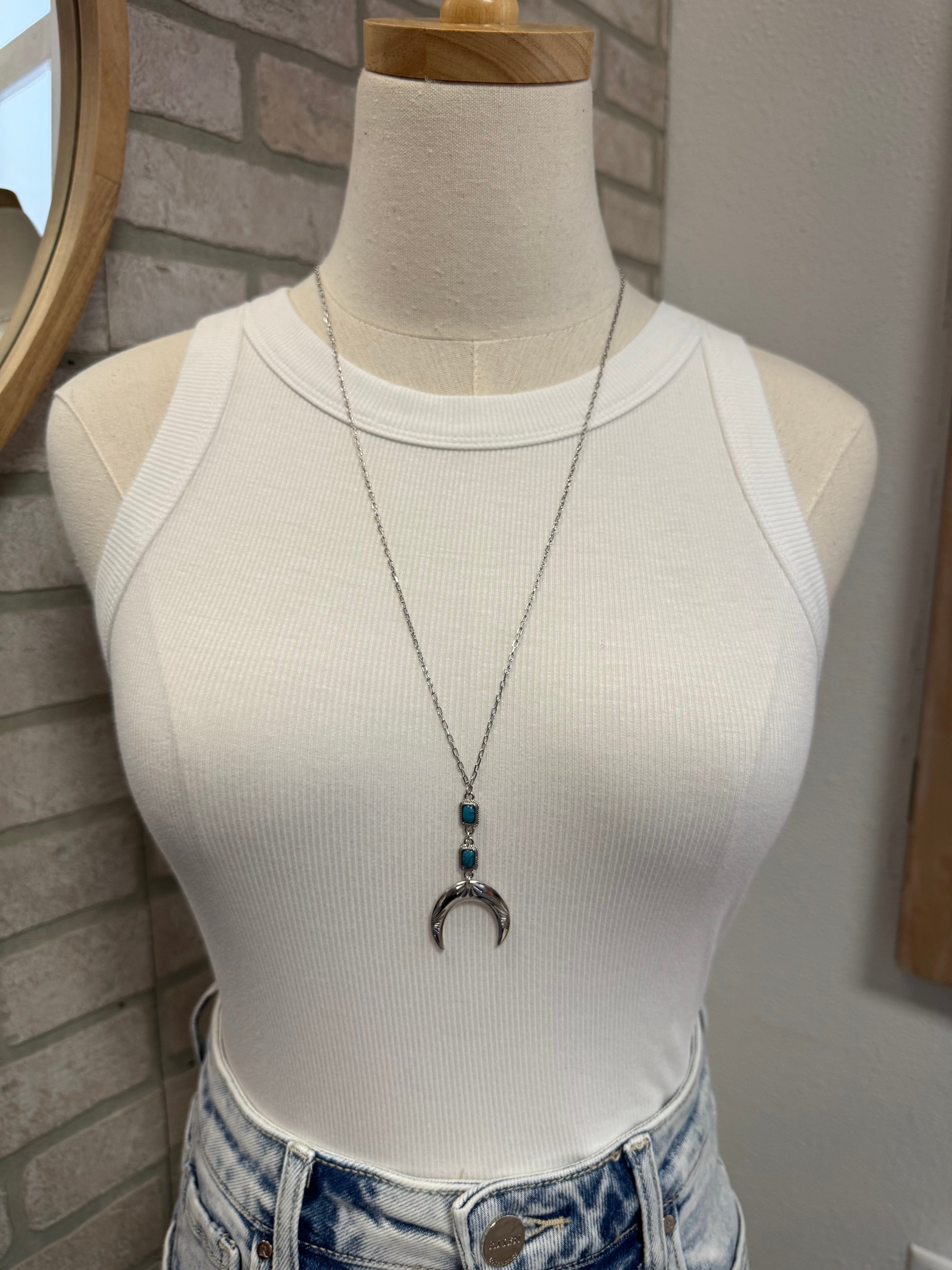 Long Crescent and Turquoise Necklace-Necklaces-Fame-The Silo Boutique, Women's Fashion Boutique Located in Warren and Grand Forks North Dakota