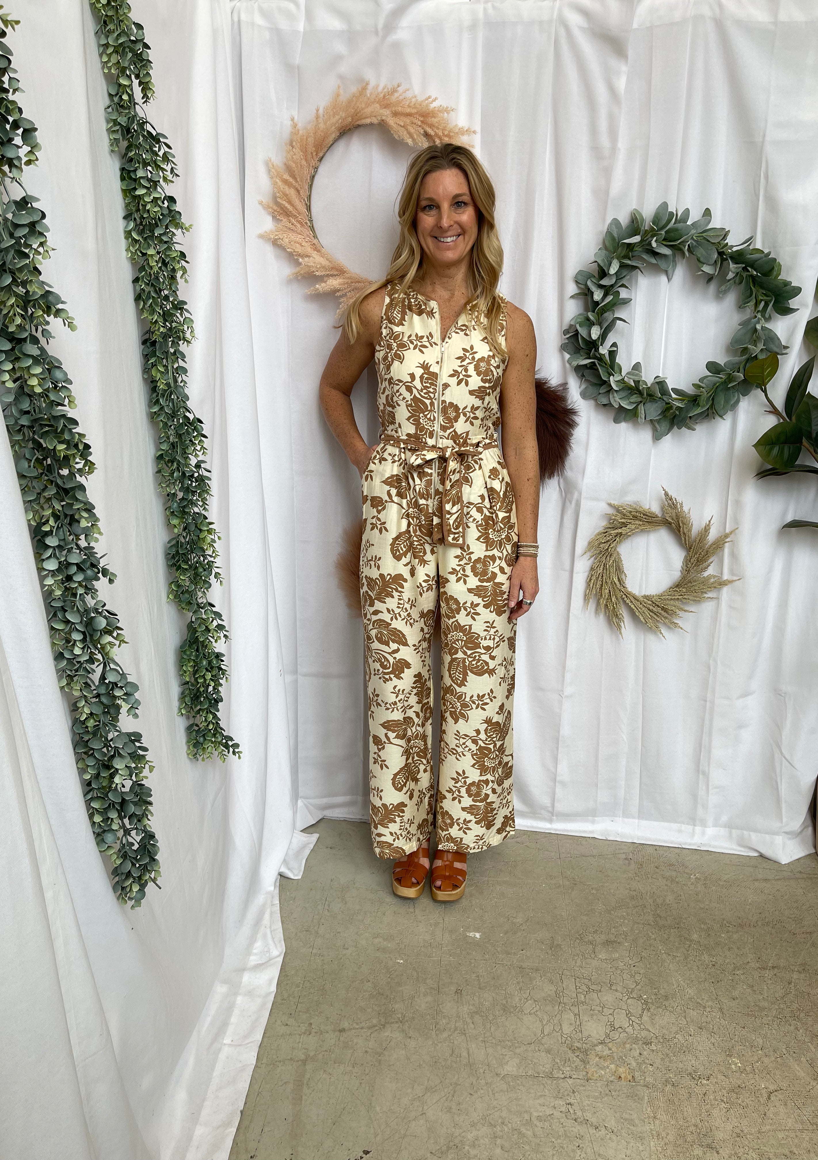 Rae Floral Print Jumpsuit-Taupe-Jumpsuits & Rompers-Doe and Rae-The Silo Boutique, Women's Fashion Boutique Located in Warren and Grand Forks North Dakota