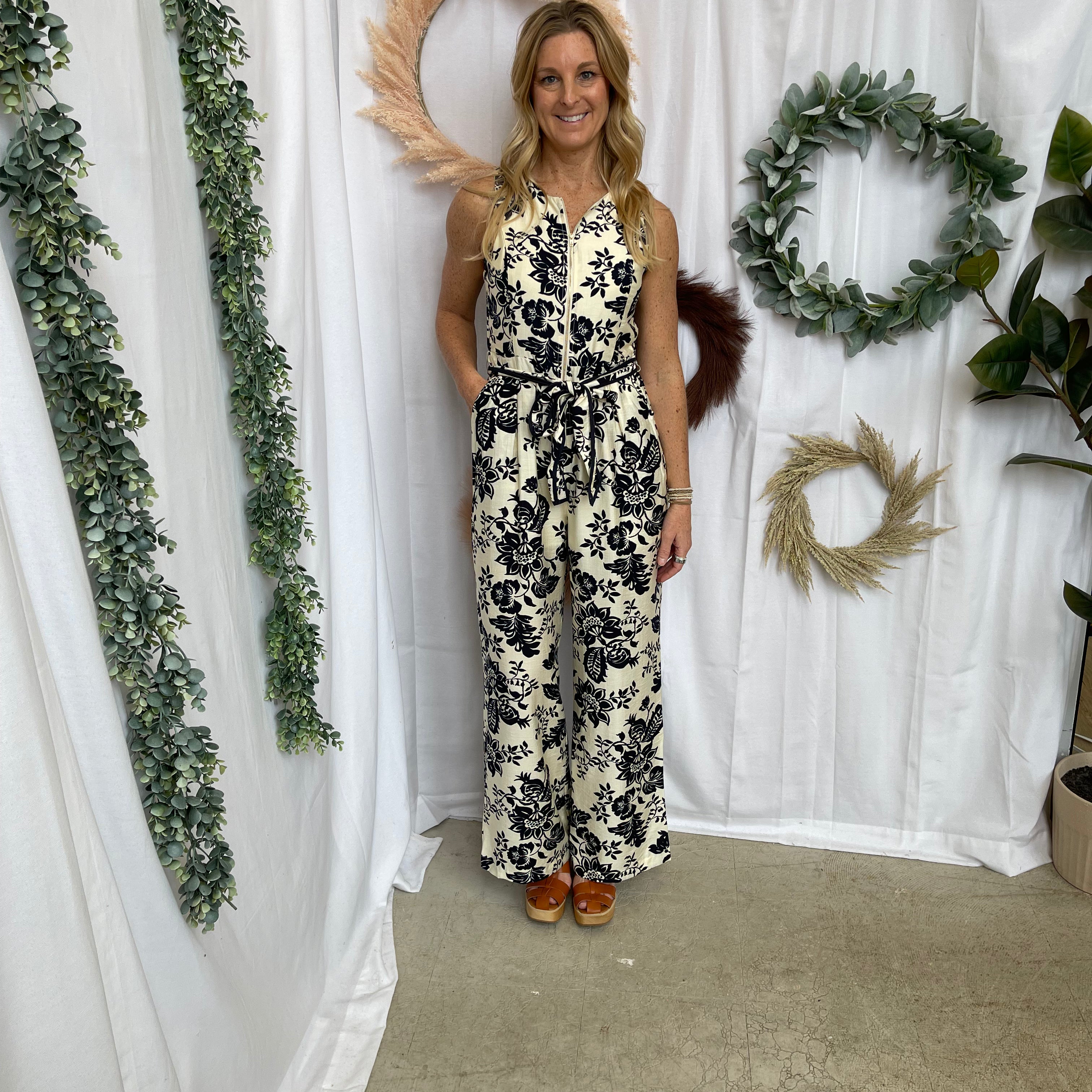 Rae Floral Print Jumpsuit-Navy-Jumpsuits & Rompers-Doe and Rae-The Silo Boutique, Women's Fashion Boutique Located in Warren and Grand Forks North Dakota