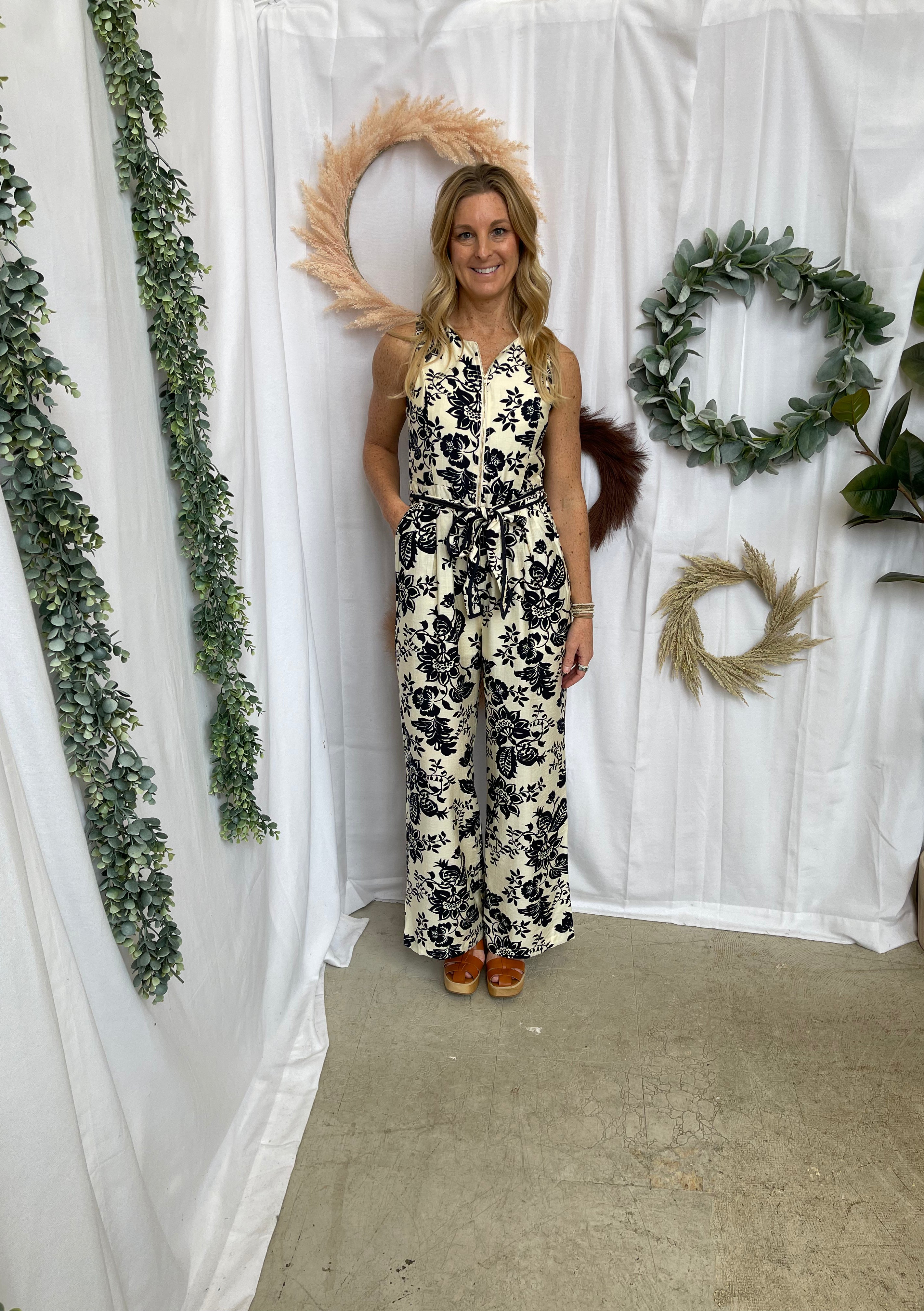 Rae Floral Print Jumpsuit-Navy-Jumpsuits & Rompers-Doe and Rae-The Silo Boutique, Women's Fashion Boutique Located in Warren and Grand Forks North Dakota
