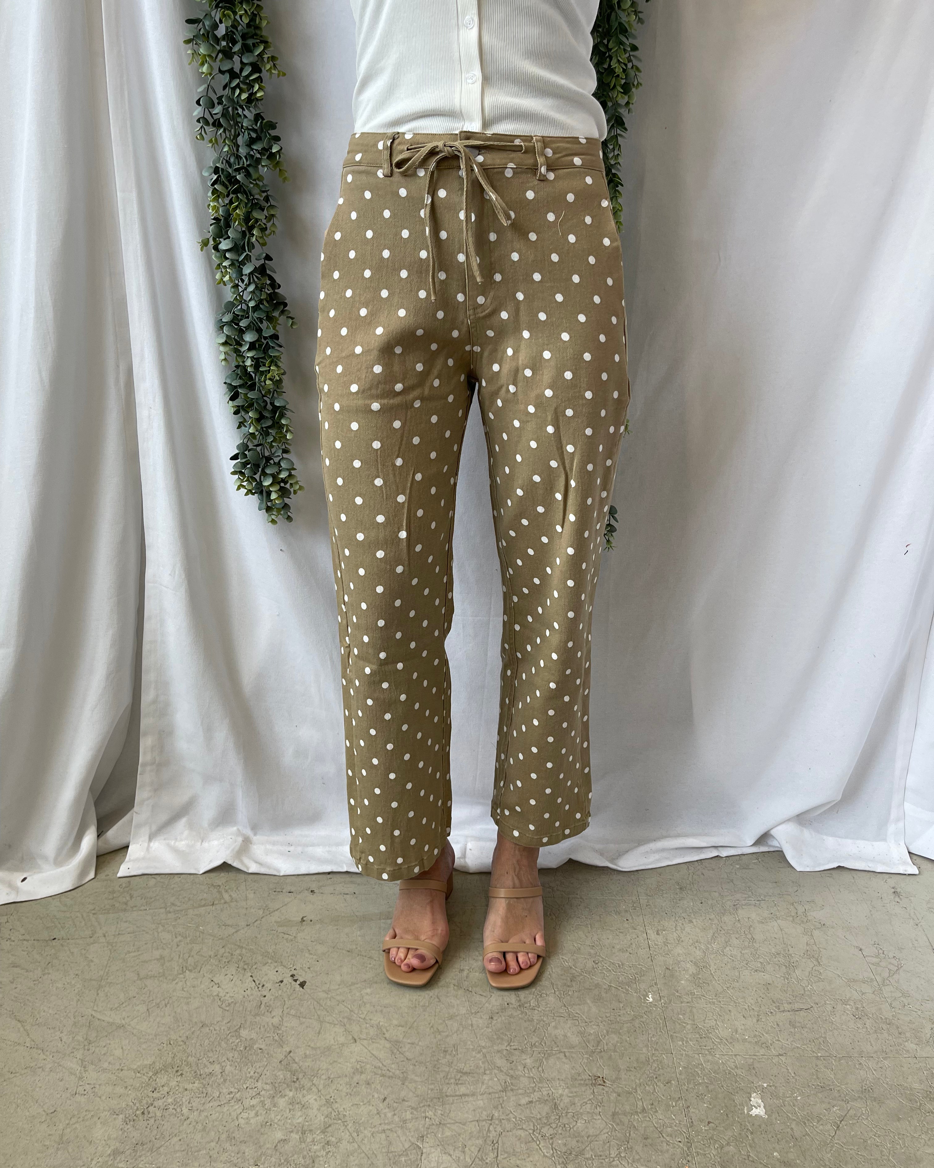 Layla Polka Dot Pants-Taupe-Pants-lovlov-The Silo Boutique, Women's Fashion Boutique Located in Warren and Grand Forks North Dakota
