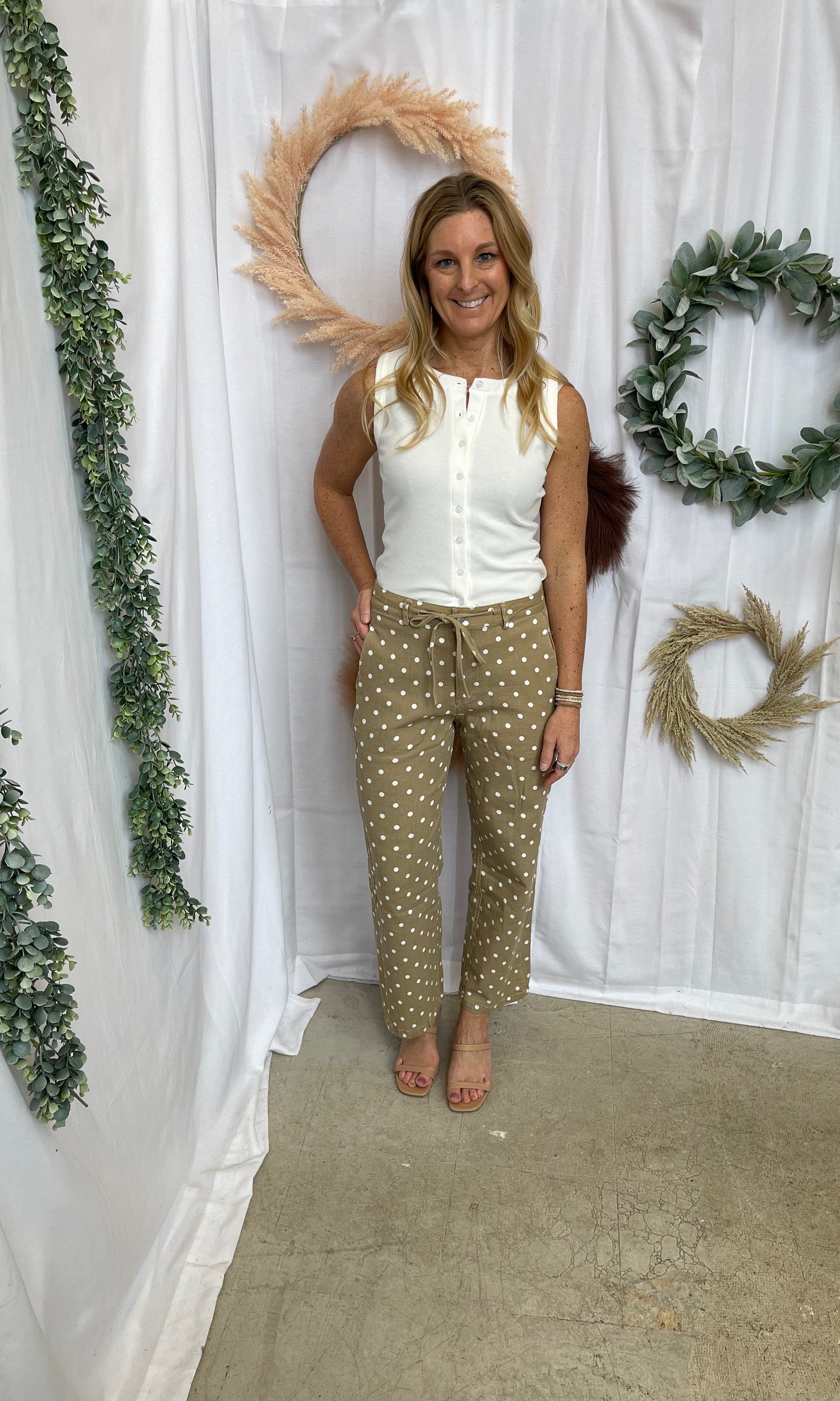 Layla Polka Dot Pants-Taupe-Pants-lovlov-The Silo Boutique, Women's Fashion Boutique Located in Warren and Grand Forks North Dakota