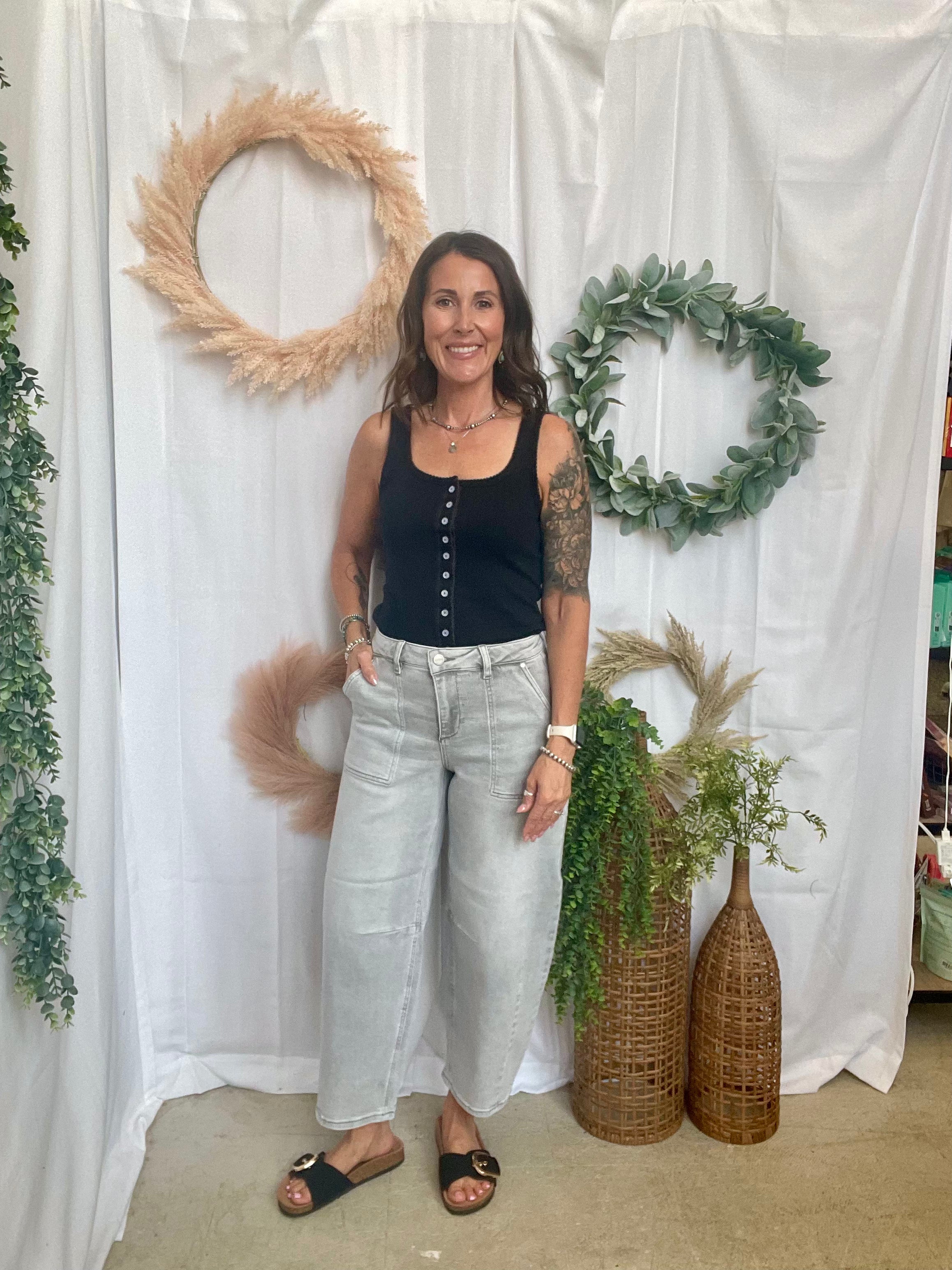 Rae Black Button Tank-Short Sleeve Tops-Doe and Rae-The Silo Boutique, Women's Fashion Boutique Located in Warren and Grand Forks North Dakota