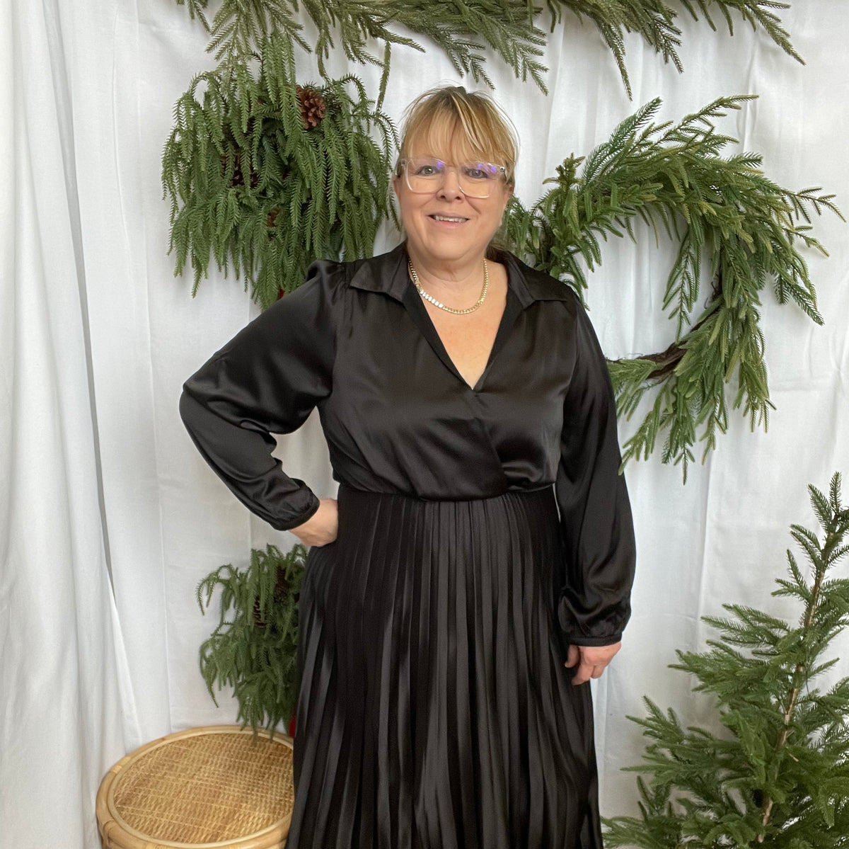Satin Pleated Dress-Black-Sweaters-she and sky-The Silo Boutique, Women's Fashion Boutique Located in Warren and Grand Forks North Dakota
