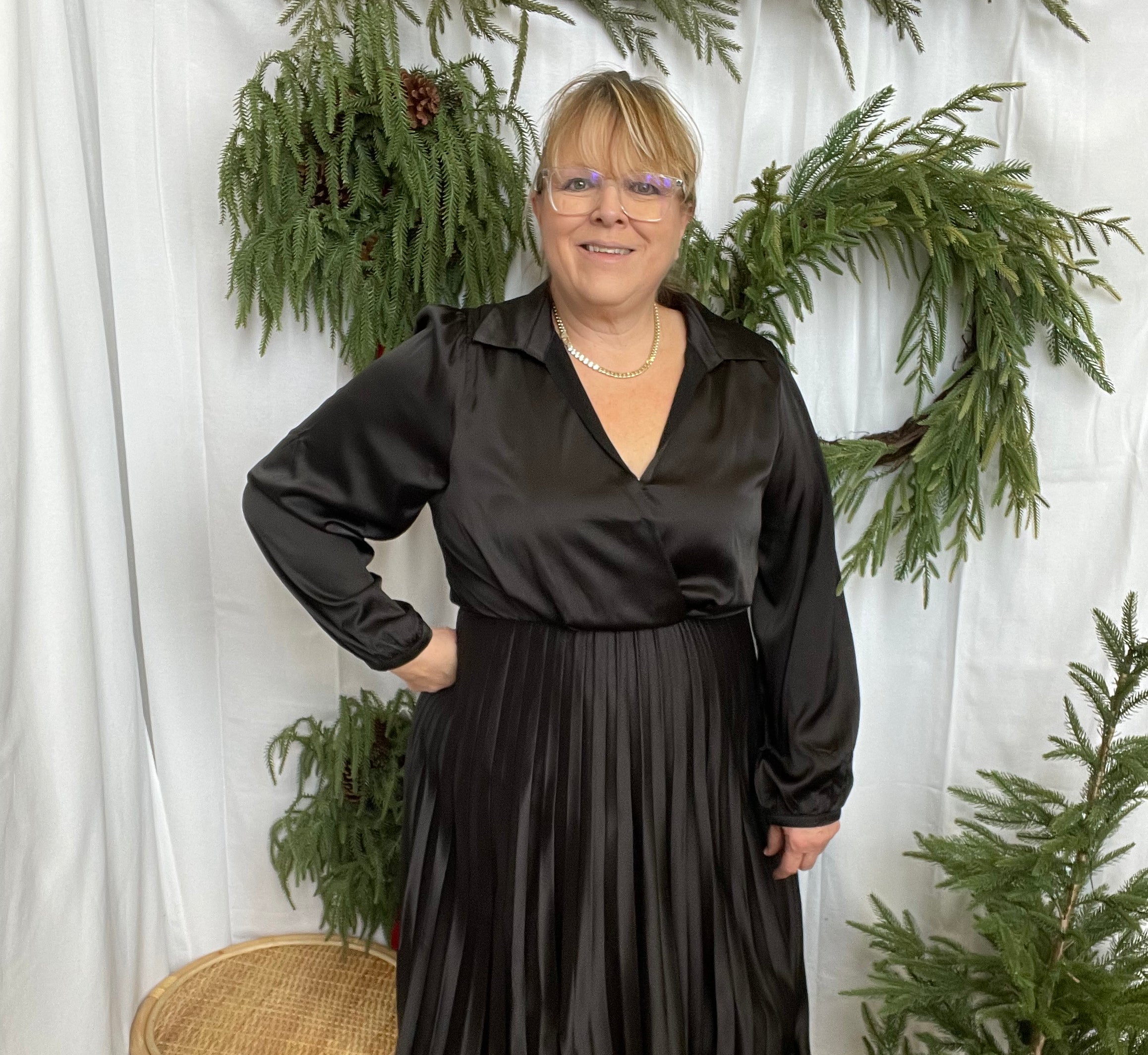 Satin Pleated Dress-Black-Sweaters-she and sky-The Silo Boutique, Women's Fashion Boutique Located in Warren and Grand Forks North Dakota