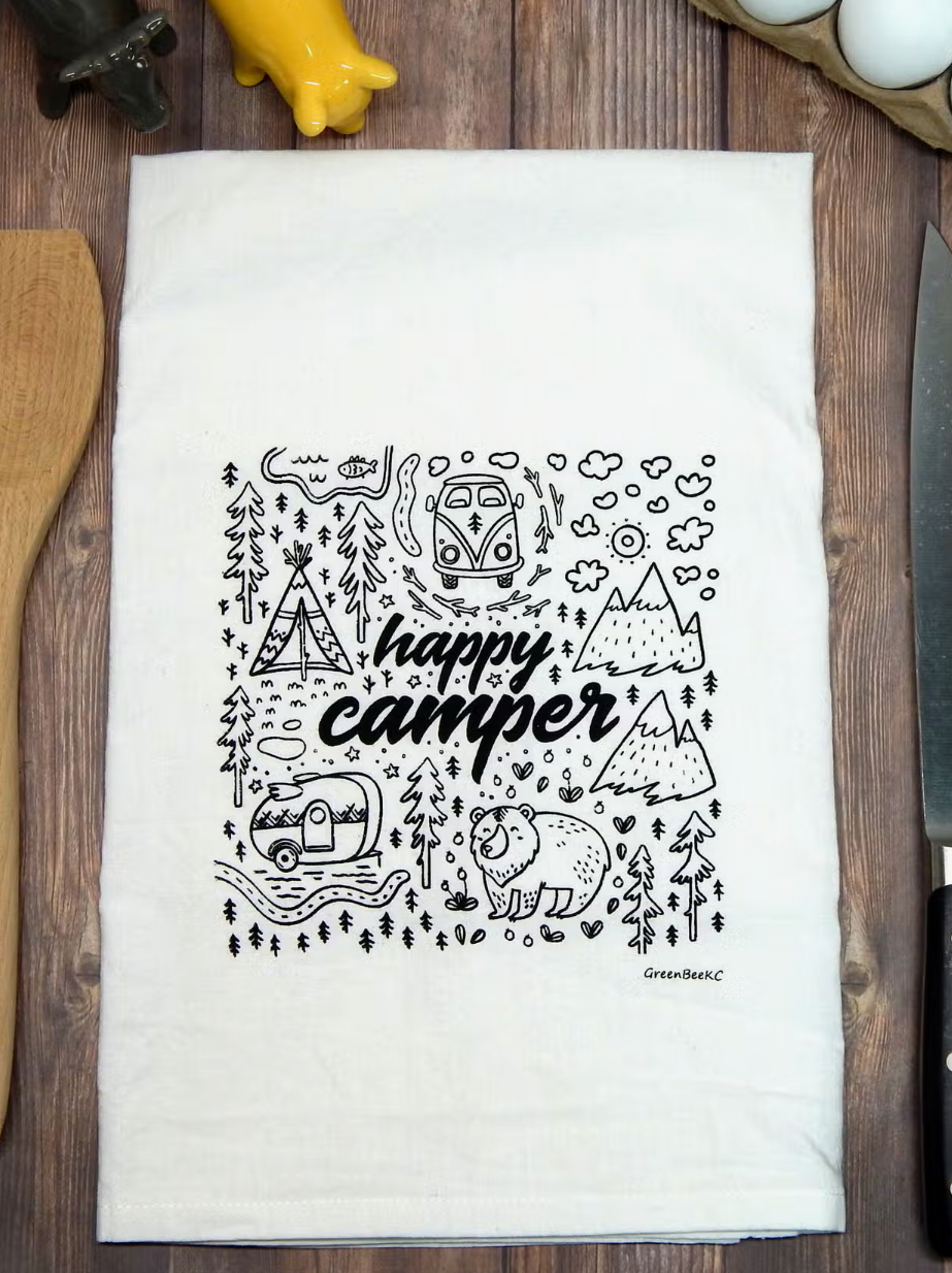 Happy Camper Tea Towel-Tea Towels-Green Bee-The Silo Boutique, Women's Fashion Boutique Located in Warren and Grand Forks North Dakota