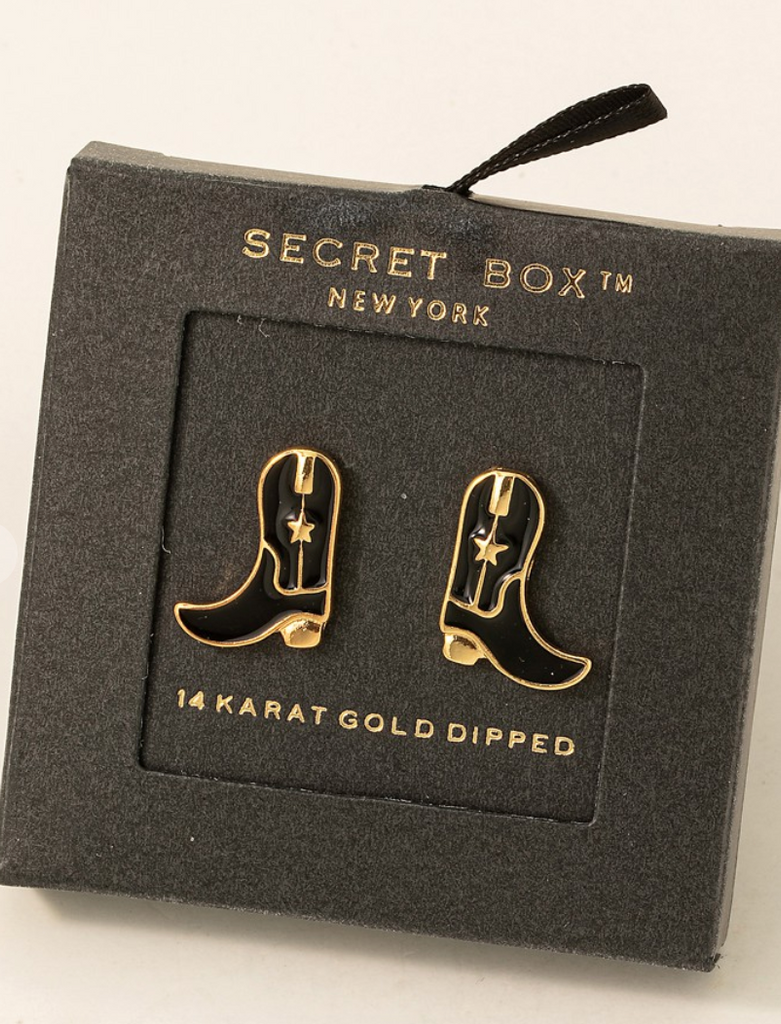 Secret Box Black Cowboy Boot Earrings-earrings-Fame-The Silo Boutique, Women's Fashion Boutique Located in Warren and Grand Forks North Dakota