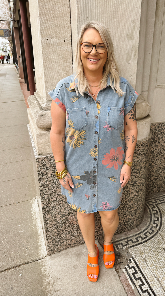 Flower Power Denim Shirt Dress-Dresses-she and sky-The Silo Boutique, Women's Fashion Boutique Located in Warren and Grand Forks North Dakota