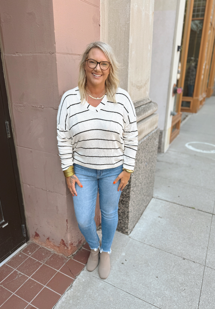 Ivory and Black Pepper Striped V Neck Top-Long Sleeve Tops-blu pepper-The Silo Boutique, Women's Fashion Boutique Located in Warren and Grand Forks North Dakota