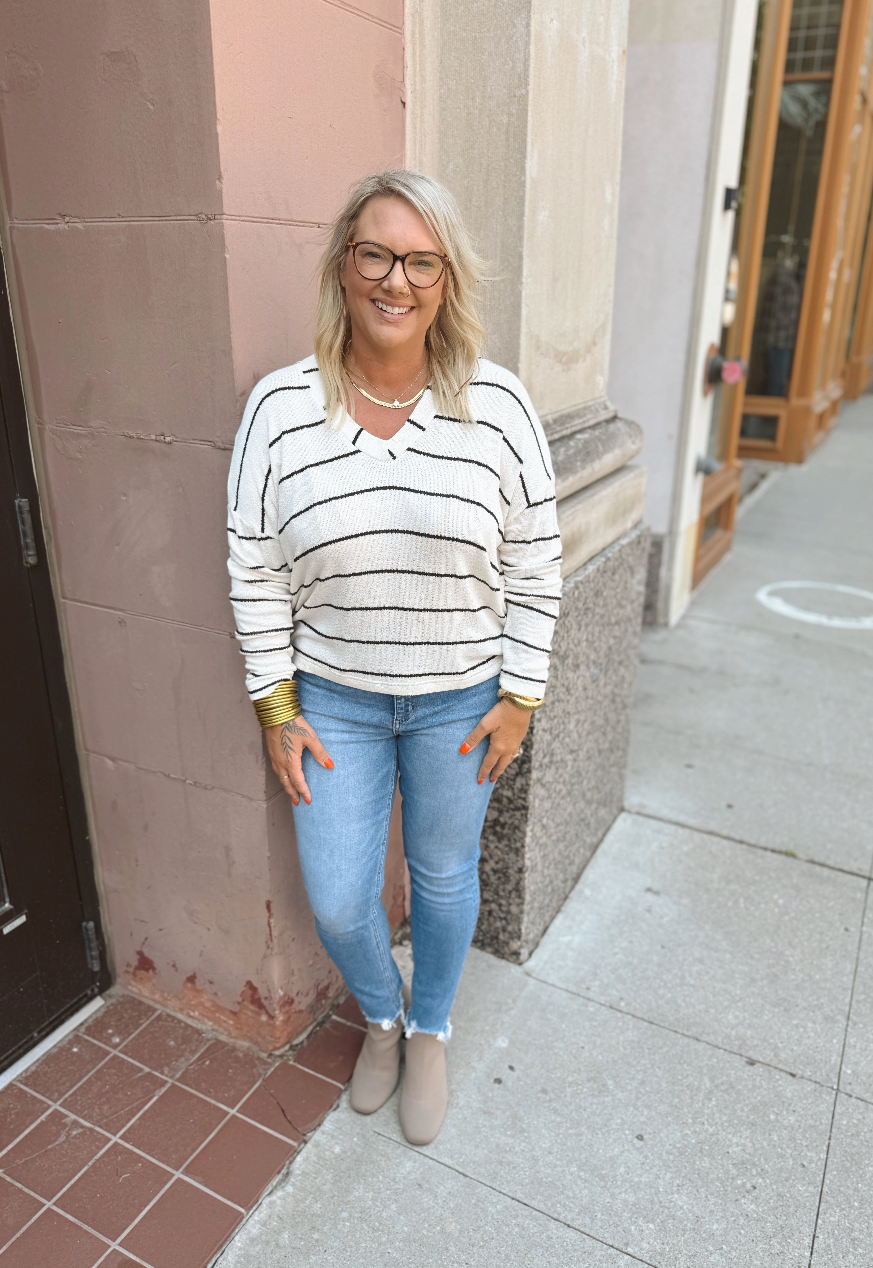 Ivory and Black Pepper Striped V Neck Top-Long Sleeve Tops-blu pepper-The Silo Boutique, Women's Fashion Boutique Located in Warren and Grand Forks North Dakota