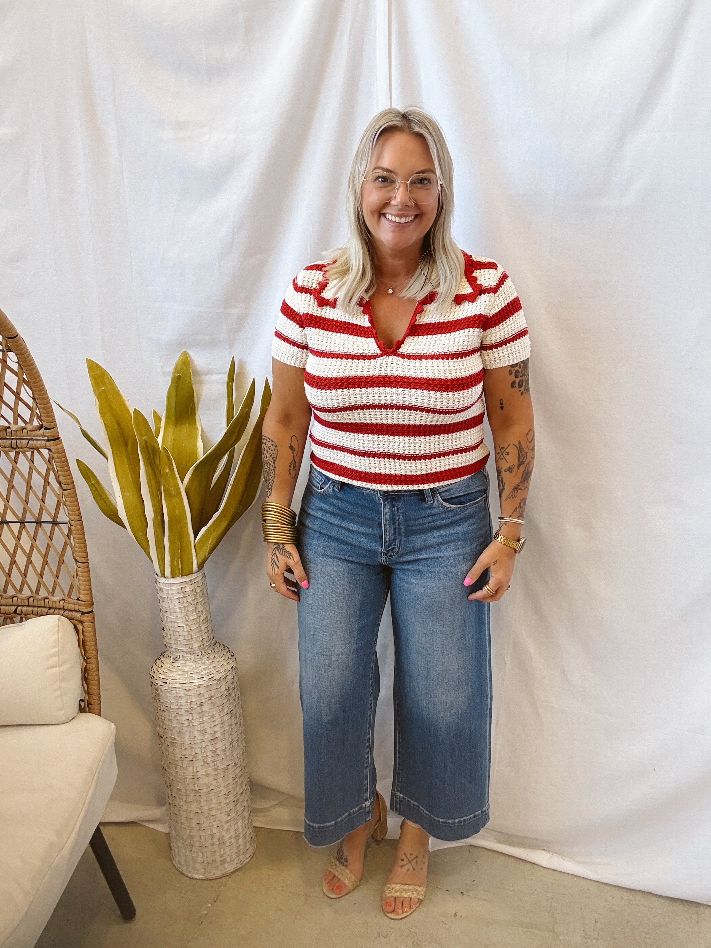 Red Stripe Crochet Knit Top-Short Sleeve Tops-blu pepper-The Silo Boutique, Women's Fashion Boutique Located in Warren and Grand Forks North Dakota