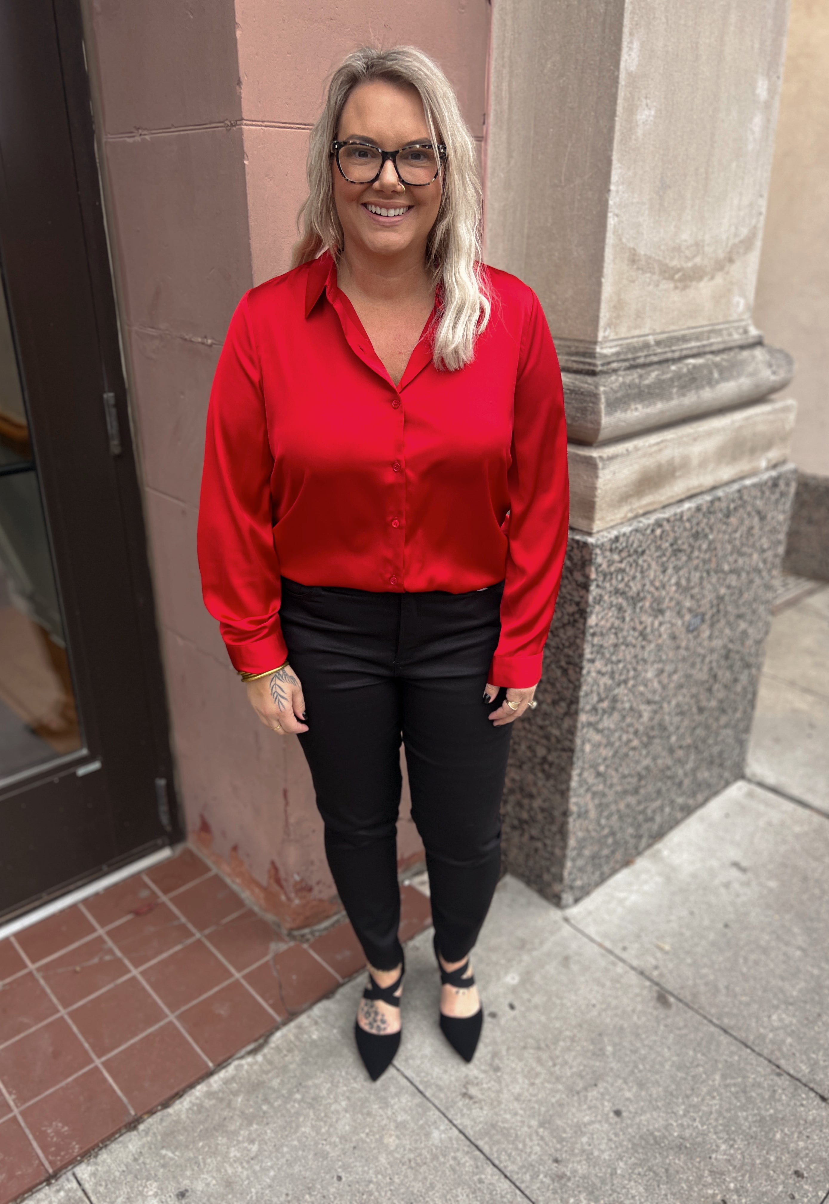 Ruby Red Satin Button Down Top-Long Sleeve Tops-skies are blue-The Silo Boutique, Women's Fashion Boutique Located in Warren and Grand Forks North Dakota