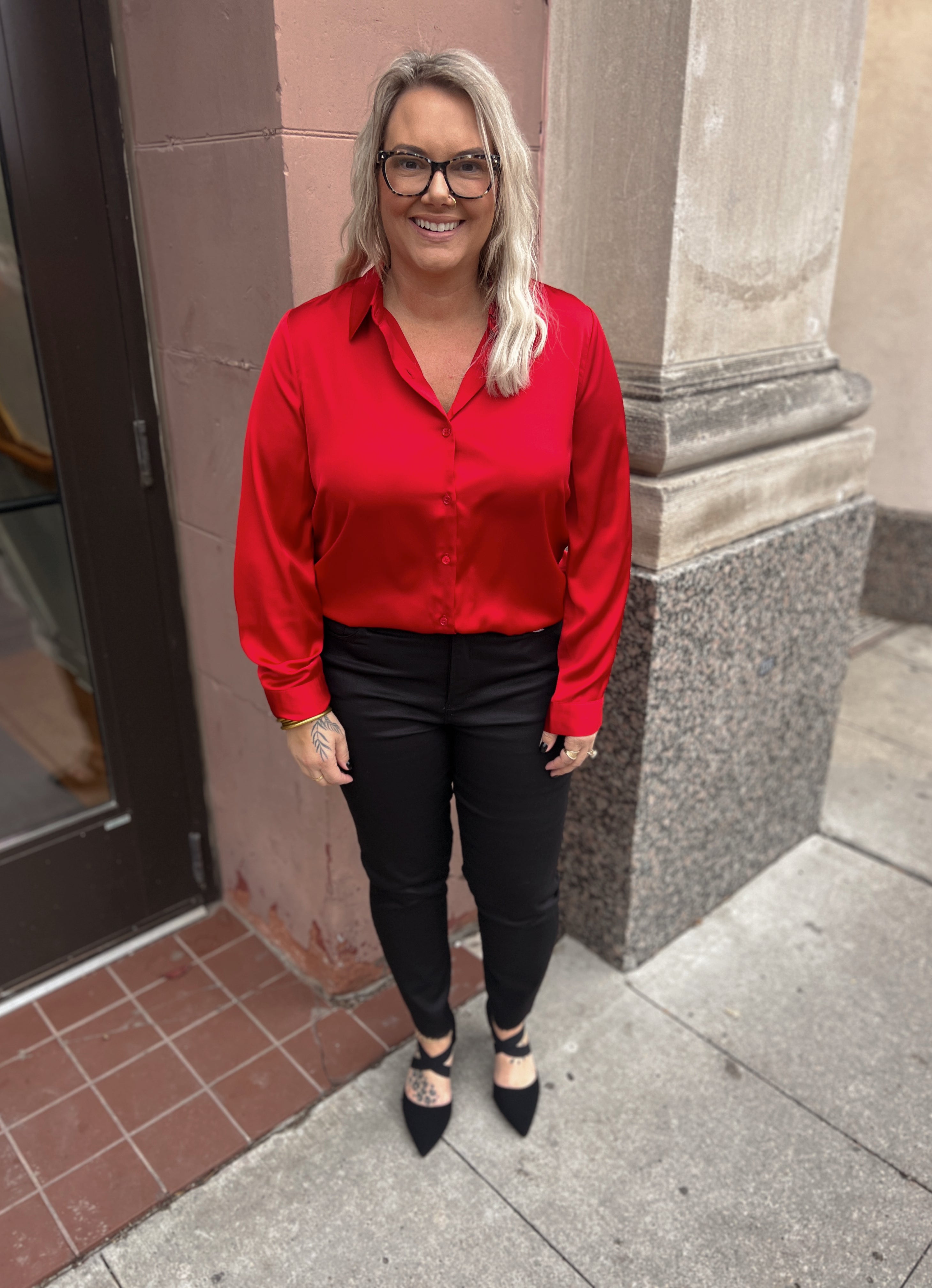 Ruby Red Satin Button Down Top-Long Sleeve Tops-skies are blue-The Silo Boutique, Women's Fashion Boutique Located in Warren and Grand Forks North Dakota
