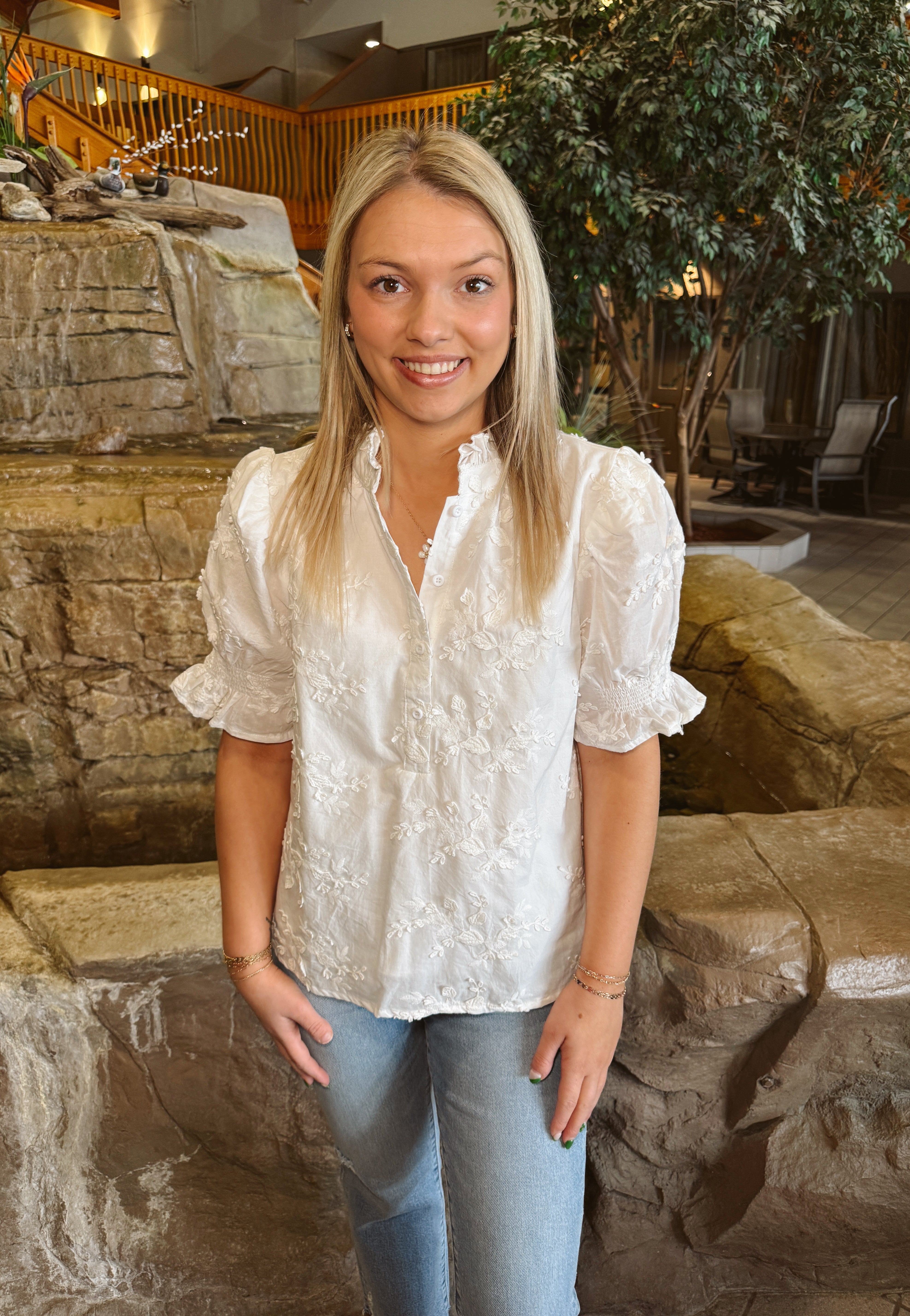 White Embroidered Detail Short Sleeve Top-Long Sleeve Tops-entro-The Silo Boutique, Women's Fashion Boutique Located in Warren and Grand Forks North Dakota