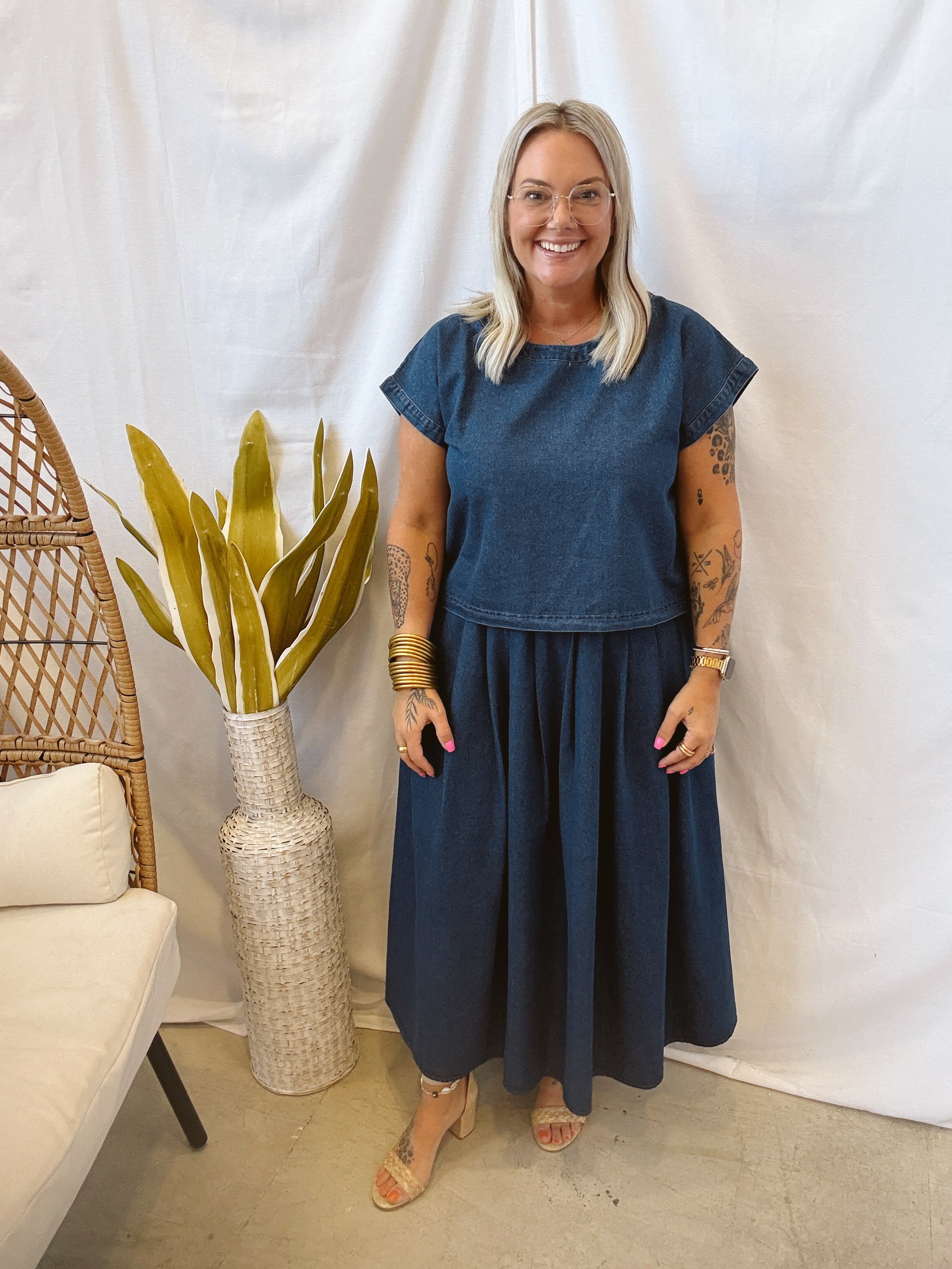 Denim Top and Skirt Set-Outfit Sets-ENTRO-The Silo Boutique, Women's Fashion Boutique Located in Warren and Grand Forks North Dakota