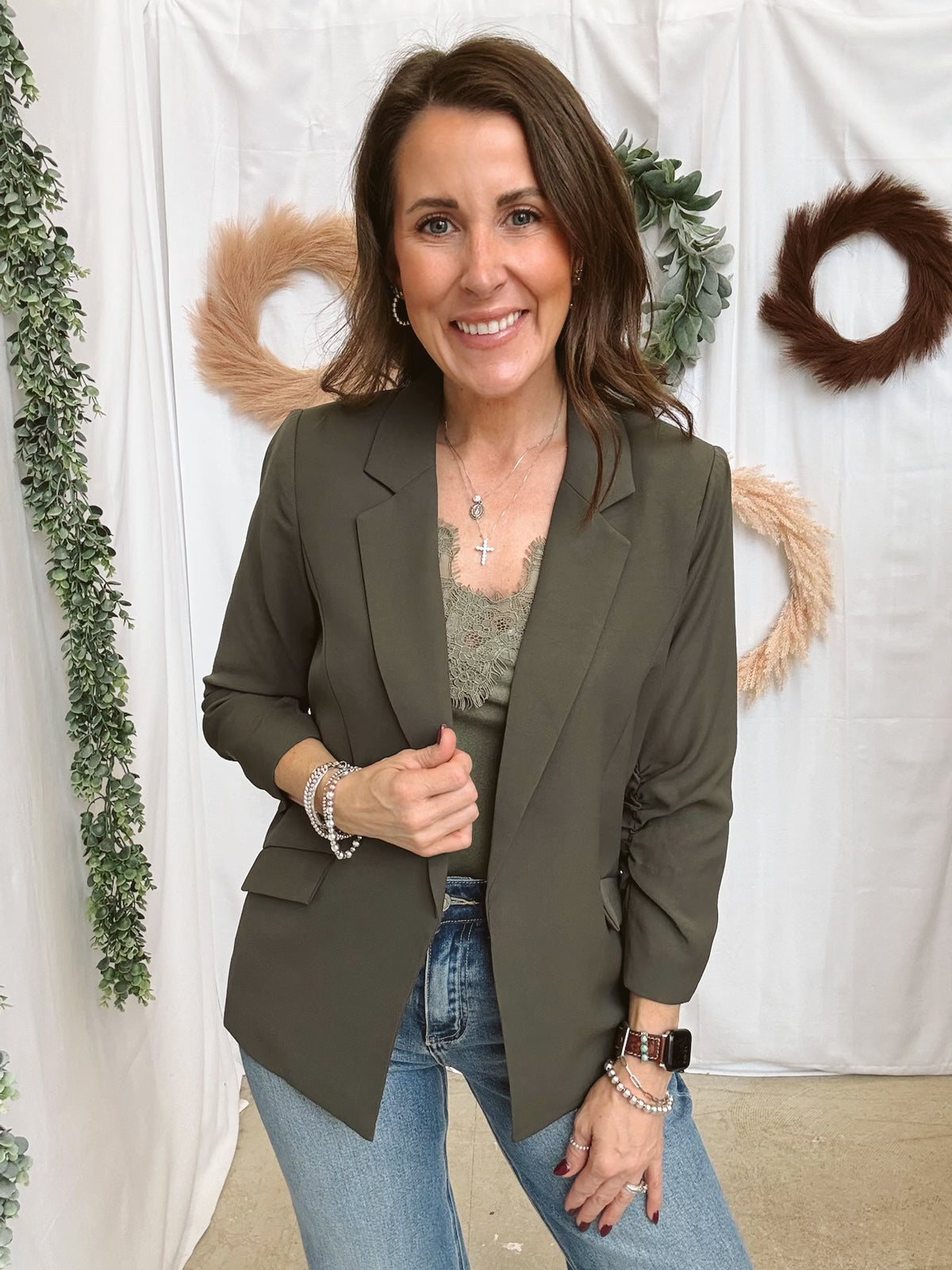 Skies Shirred Sleeve Blazer-Dark Olive-Blazers-skies are blue-The Silo Boutique, Women's Fashion Boutique Located in Warren and Grand Forks North Dakota