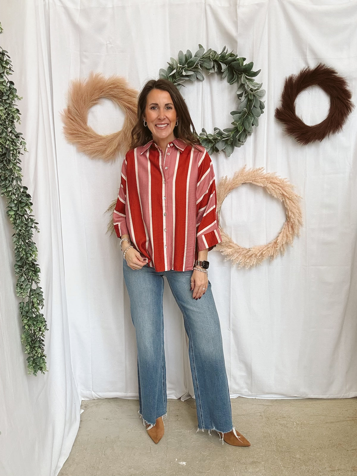 Ella Striped Top-Rust-Short Sleeve Tops-ENTRO-The Silo Boutique, Women's Fashion Boutique Located in Warren and Grand Forks North Dakota