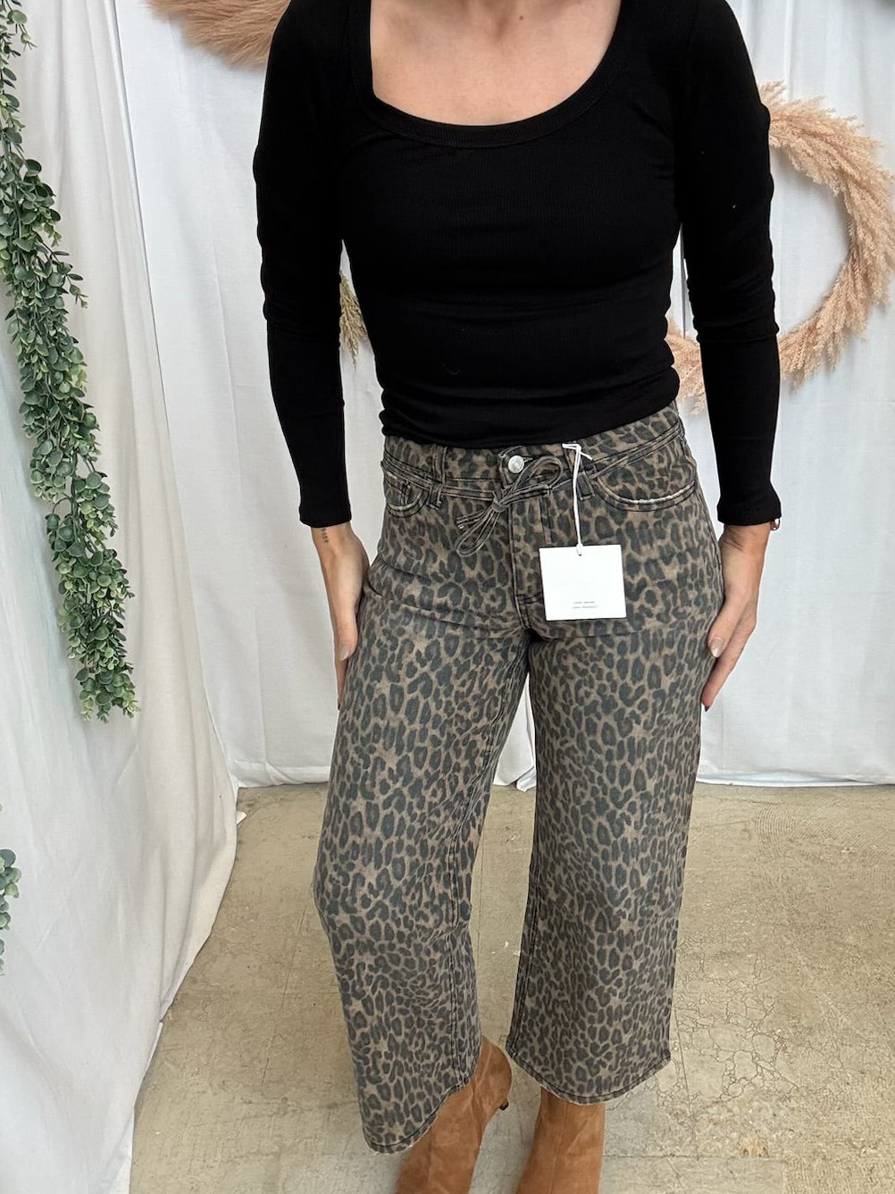 Lovervet Leopard Tie Waist Jeans-Jeans-vervet-The Silo Boutique, Women's Fashion Boutique Located in Warren and Grand Forks North Dakota