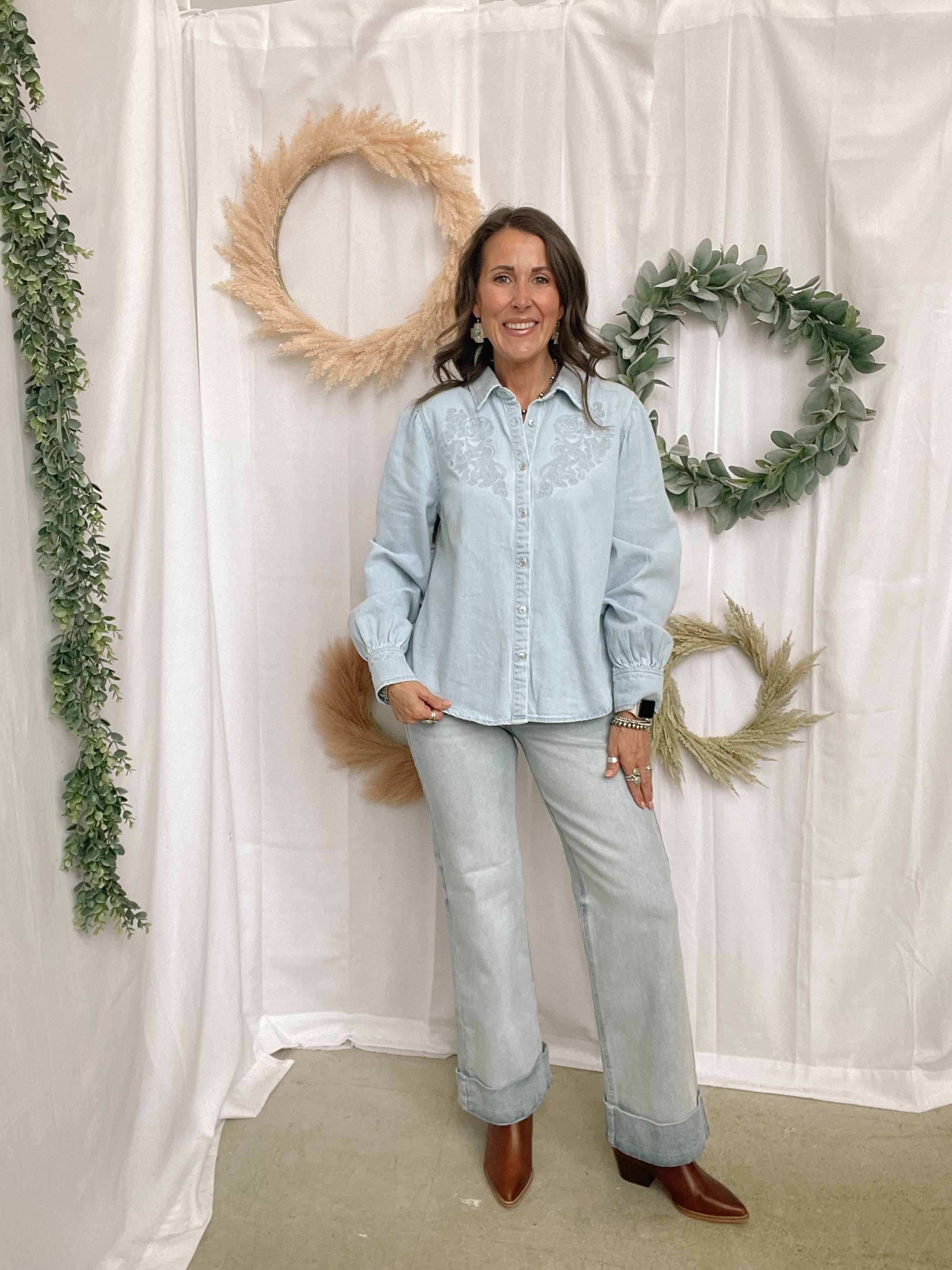 Risen Light Wash Embroidered Top-Long Sleeve Tops-risen-The Silo Boutique, Women's Fashion Boutique Located in Warren and Grand Forks North Dakota