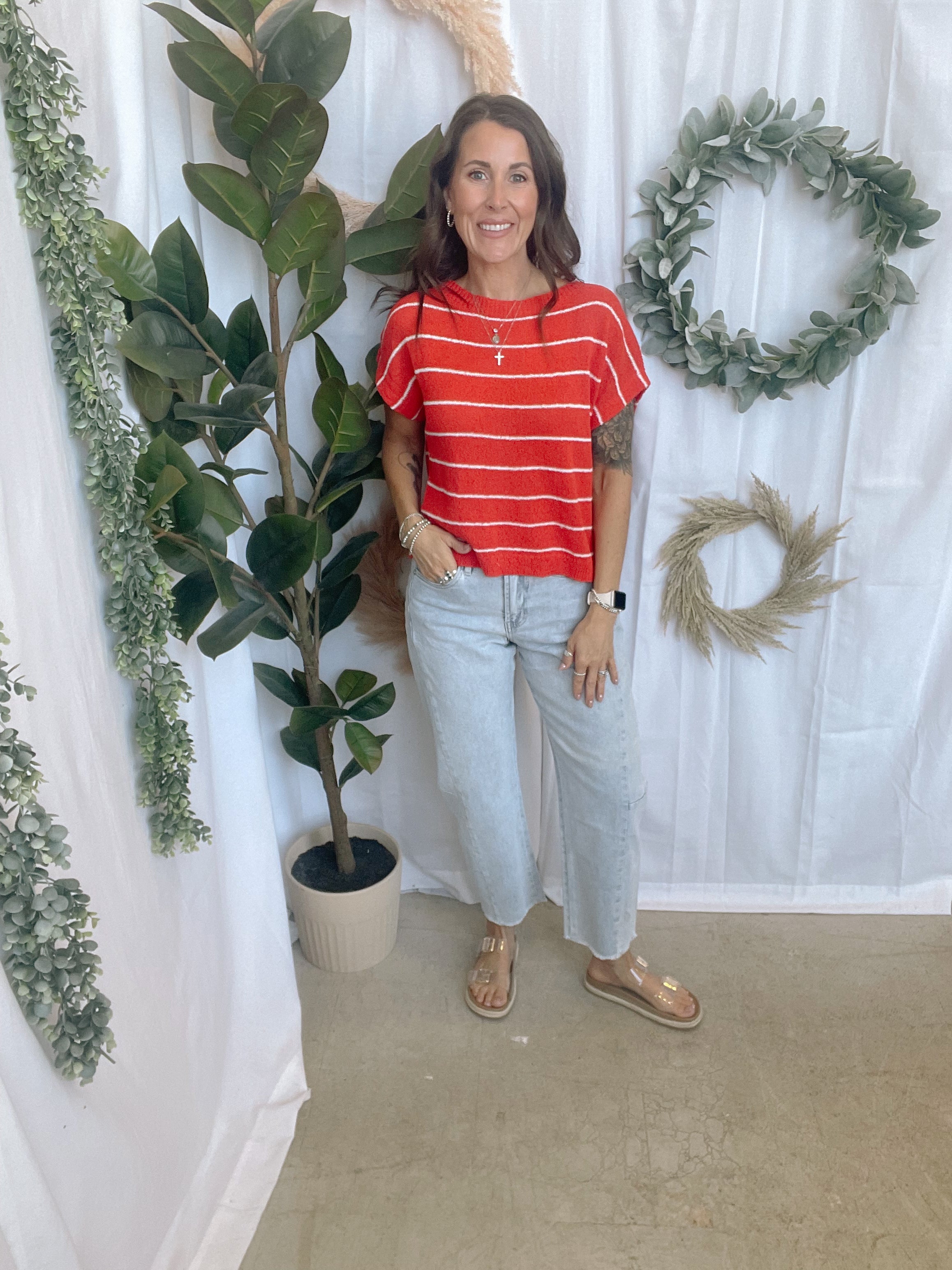 Tomato Striped Sweater Top-Short Sleeve Tops-cozy co-The Silo Boutique, Women's Fashion Boutique Located in Warren and Grand Forks North Dakota
