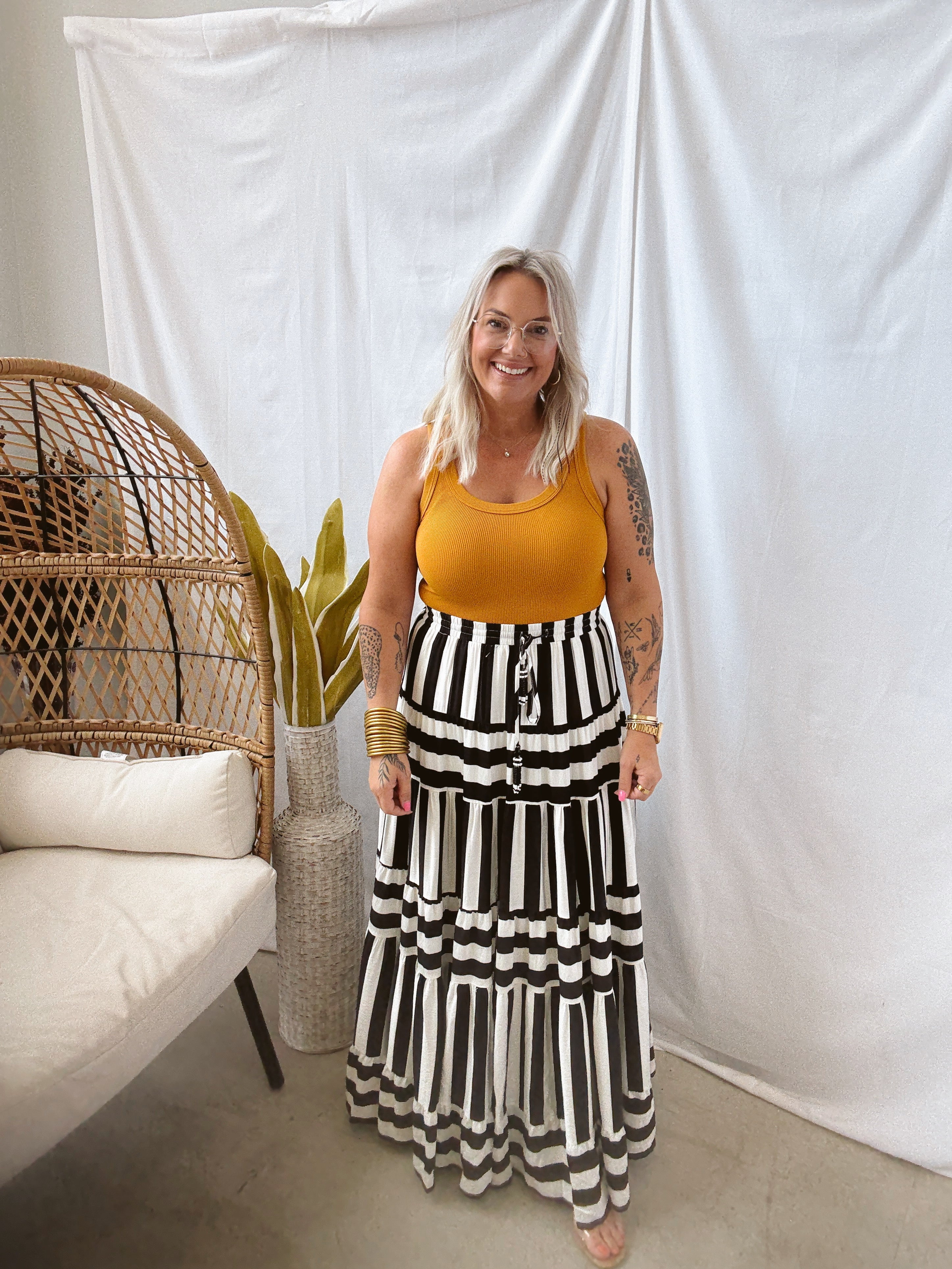 Black and Cream Striped Skirt-Skirts-pinch-The Silo Boutique, Women's Fashion Boutique Located in Warren and Grand Forks North Dakota