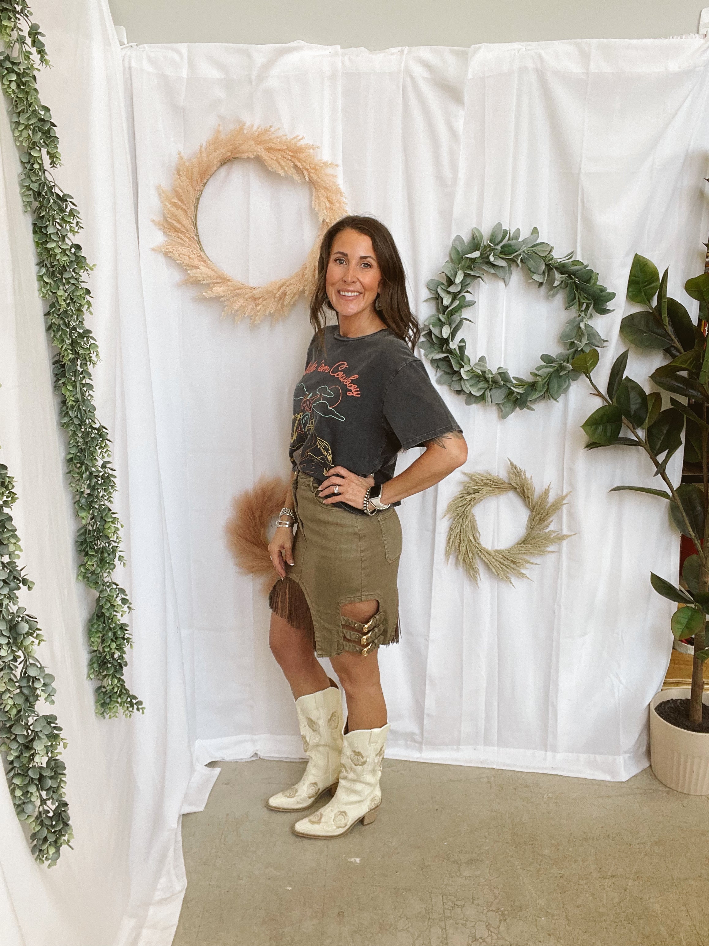 Western Buckle Fringe Denim Skirt-Skirts-blue B-The Silo Boutique, Women's Fashion Boutique Located in Warren and Grand Forks North Dakota