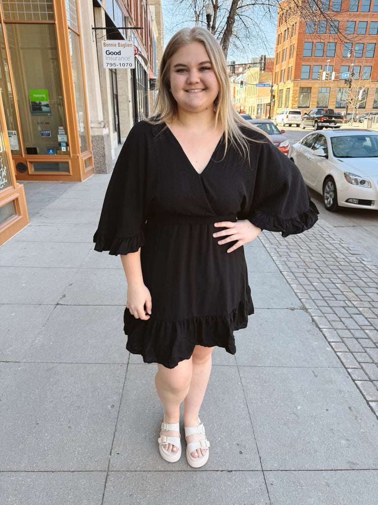 Black Ruffle Dolman Sleeve Dress-Dresses-she and sky-The Silo Boutique, Women's Fashion Boutique Located in Warren and Grand Forks North Dakota